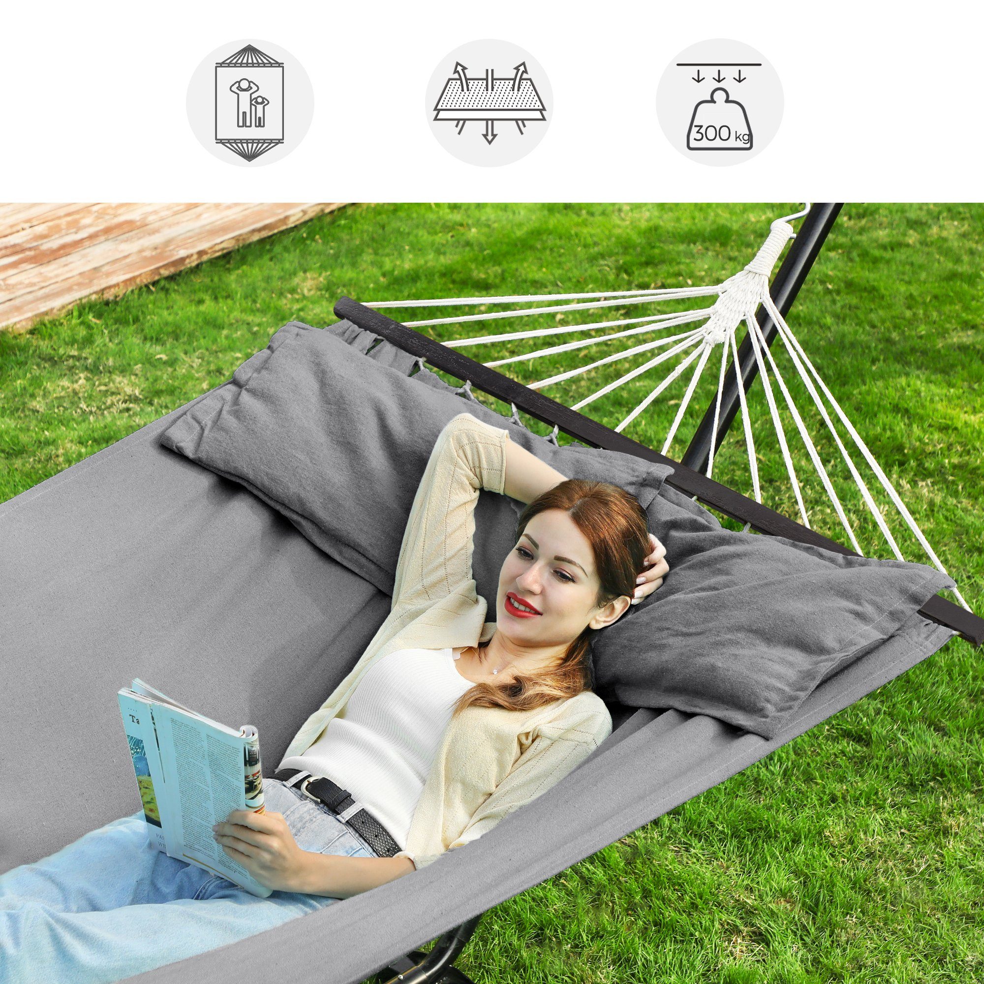 SONGMICS Hängematte, Doppelhängematte, 210 x 150 cm(LxB), bis zu 300 kg belastbar, tragbar