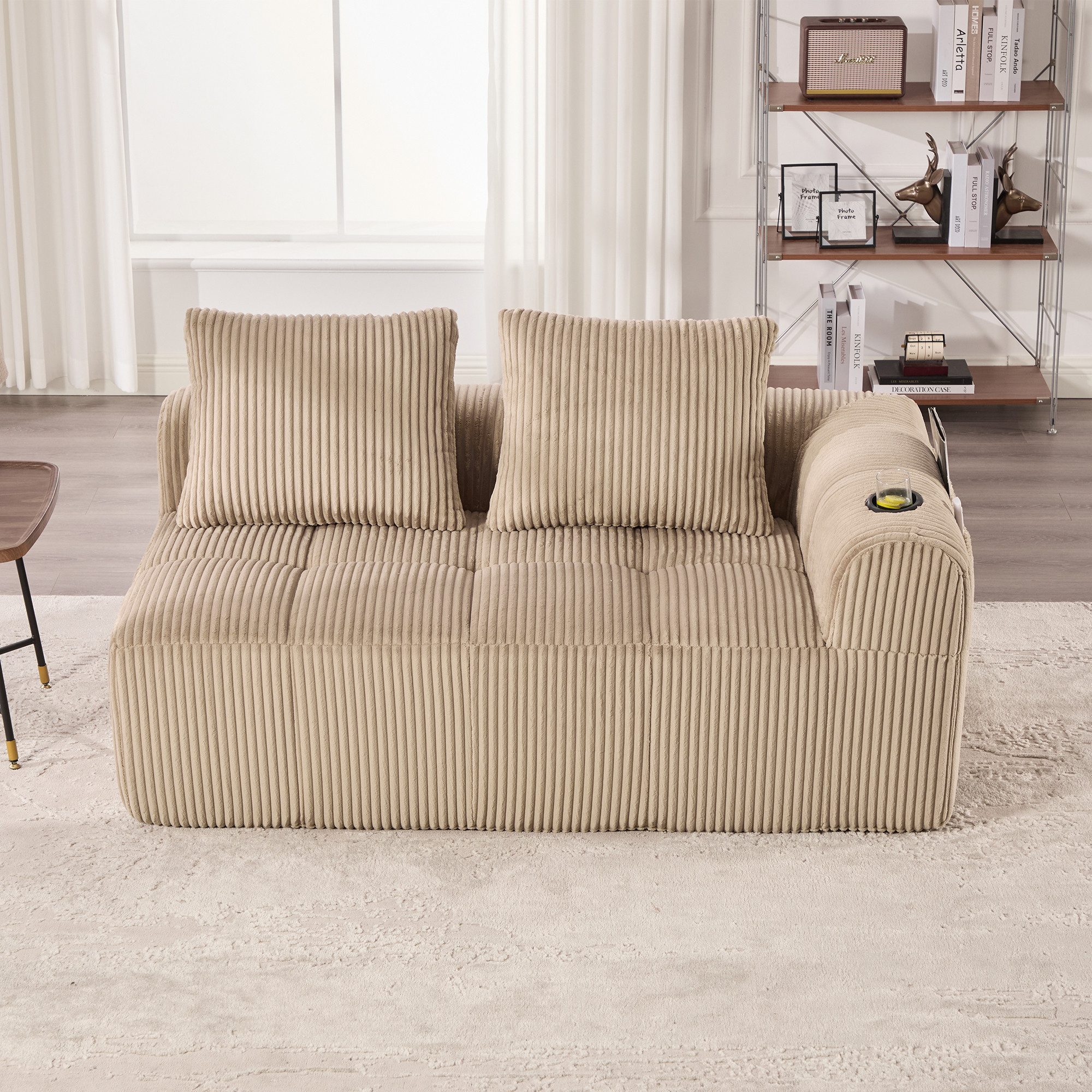 REDOM Sofa Loungesofa aus Cordstoff, mit Liegesessel-Funktion, seitlicher Aufbewahrungstasche und Getränkehalter, inklusive weicher Rückenkissen