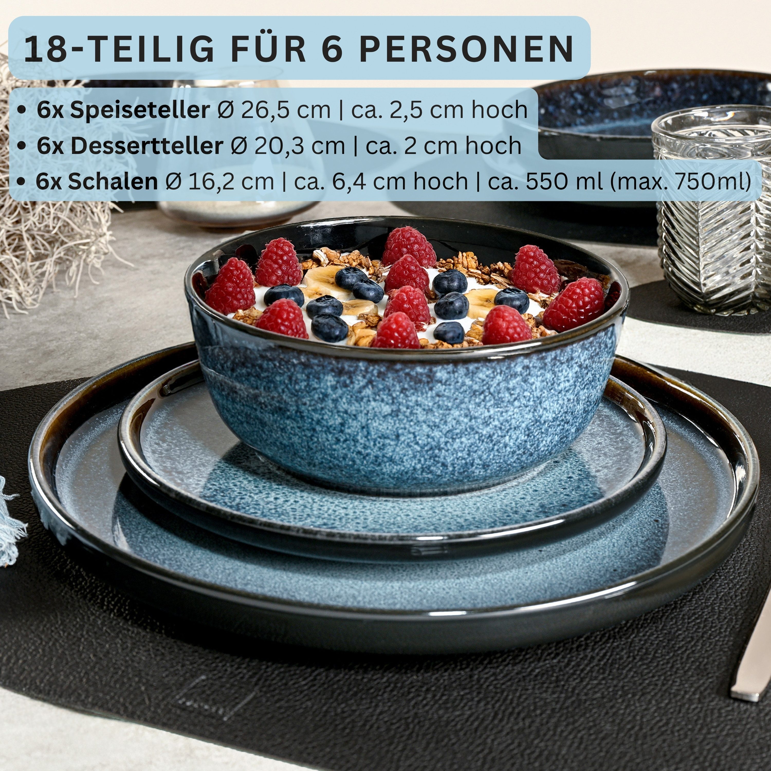SÄNGER Geschirr-Set Osaka Blau mit schwarzem Rand (18-tlg), 6 Personen, Steingut, Handmade, Erweiterbar, VALUE COLLECTION