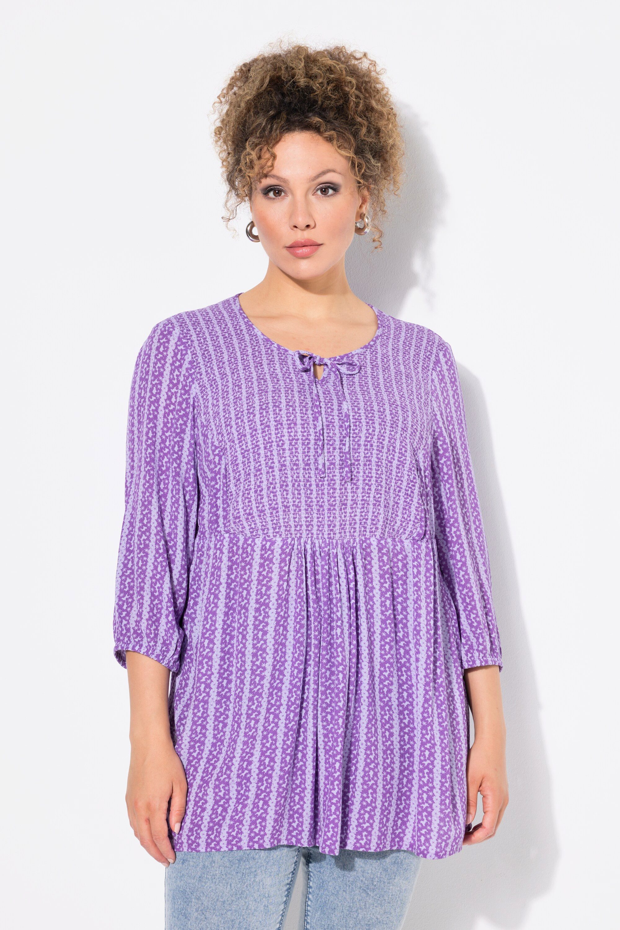 Ulla Popken Tunika Smok-Tunika Blüten A-Linie Rundhals 3/4-Arm günstig online kaufen