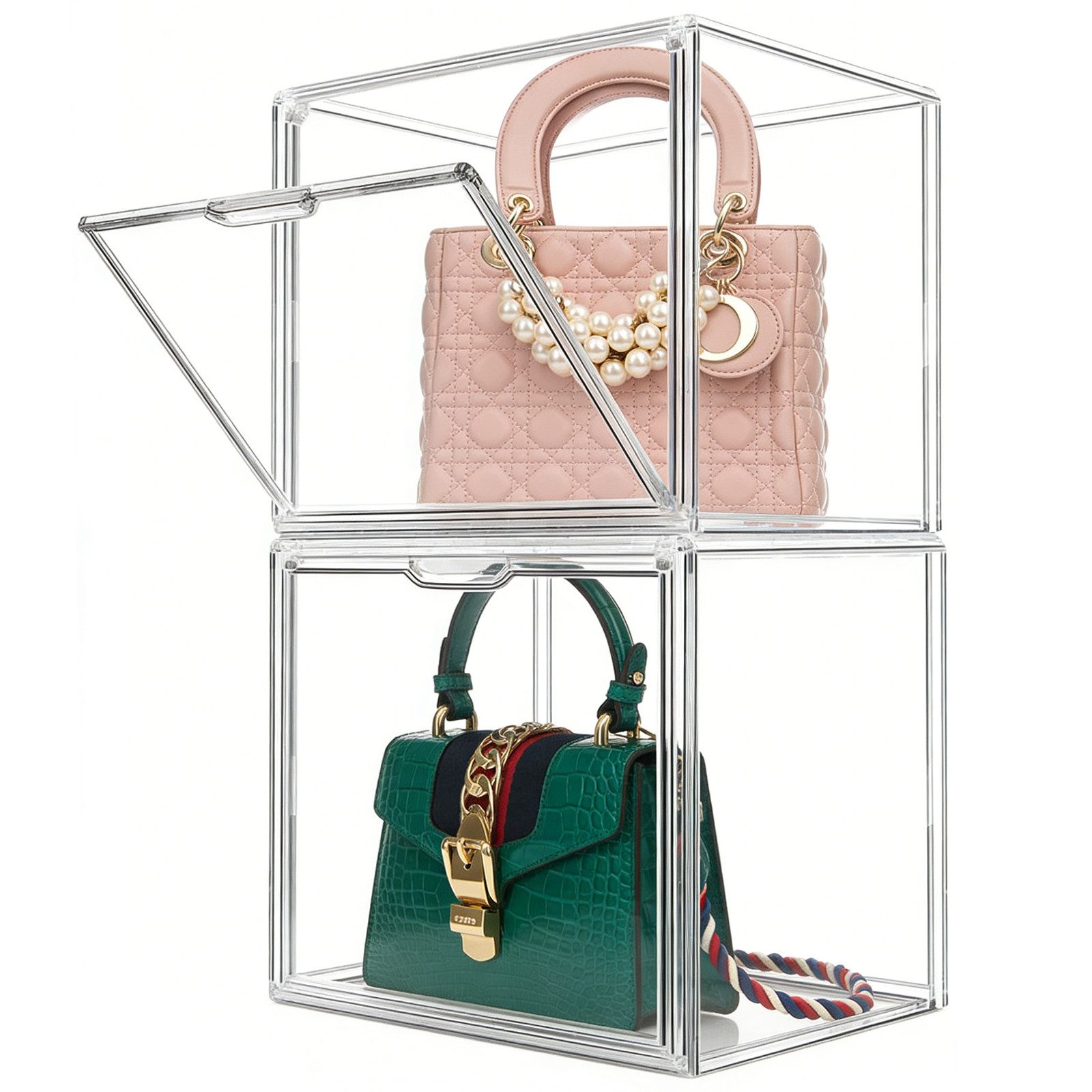 XERSEK Aufbewahrungsbox Acryl-Vitrine Magnettür Displaybox Organizer Schaukasten Schuhboxen (Set, 2 St., 36x22x27cm Stapelfähig), für Figuren, Handtaschen, Spielzeug, Handwerk, Bücher