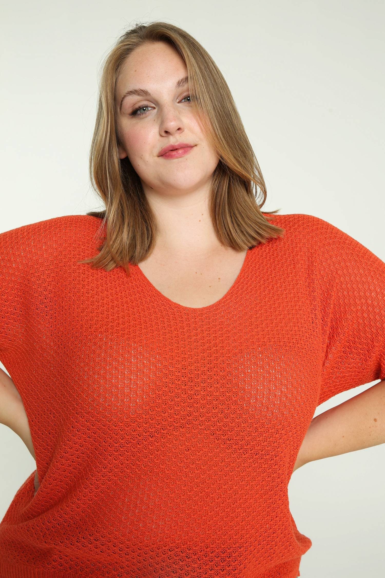 Orange Shirtbluse Paprika Pullover (1-tlg) Unifarbener Lockerer,