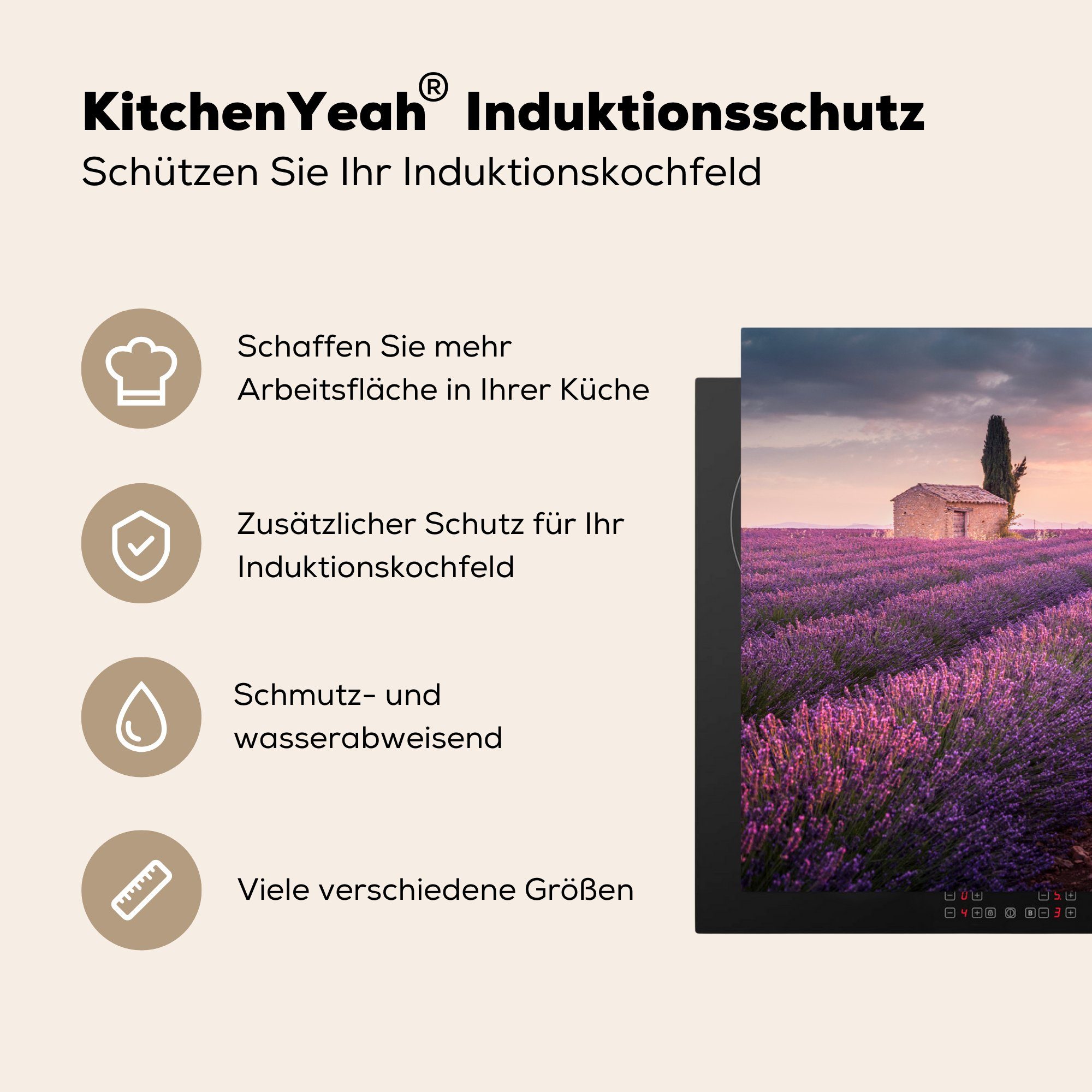 Vinyl, Ceranfeldabdeckung - Lavendel 81x52 Lila Herdblende-/Abdeckplatte - Blumen - tlg), die (1 für MuchoWow cm, küche, Induktionskochfeld Feld, Schutz