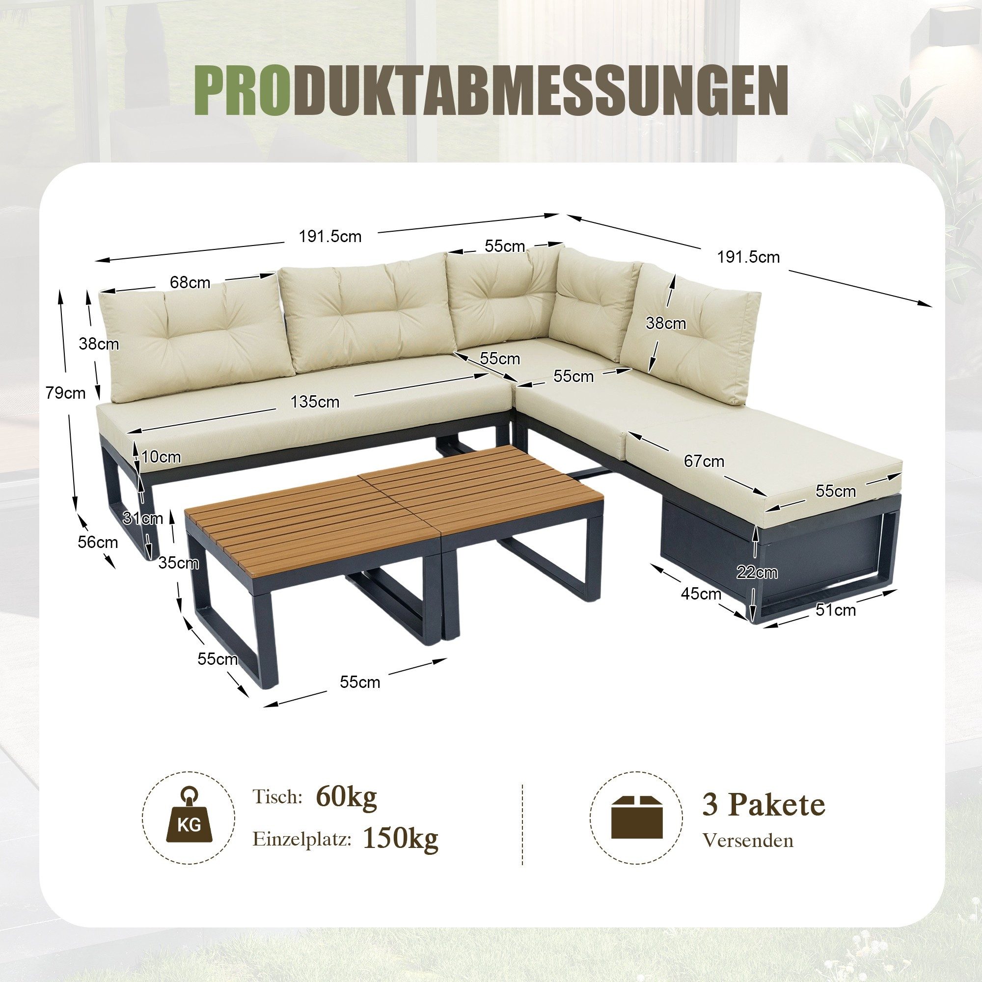 LVHOM Gartenlounge-Set kombinierbar L-/U-Form Gartenmöbel Set, XXL Metall Ecksofa, gepolstert, (1xSessel, 2x2er-Sofa(1x mit Stauraum/3-stufiger Liegefunktion), 2xTische(auch als Sitz/Hocker nutzbar), 5-tlg., Impragnierter Holz -Tischplatte, rostfrei, UV-beständig, wasserdicht), In-/Outdoor, Garten/ Wohnzimmer/ Terrassen/Pool, Hotellobbys/Ruhezonen