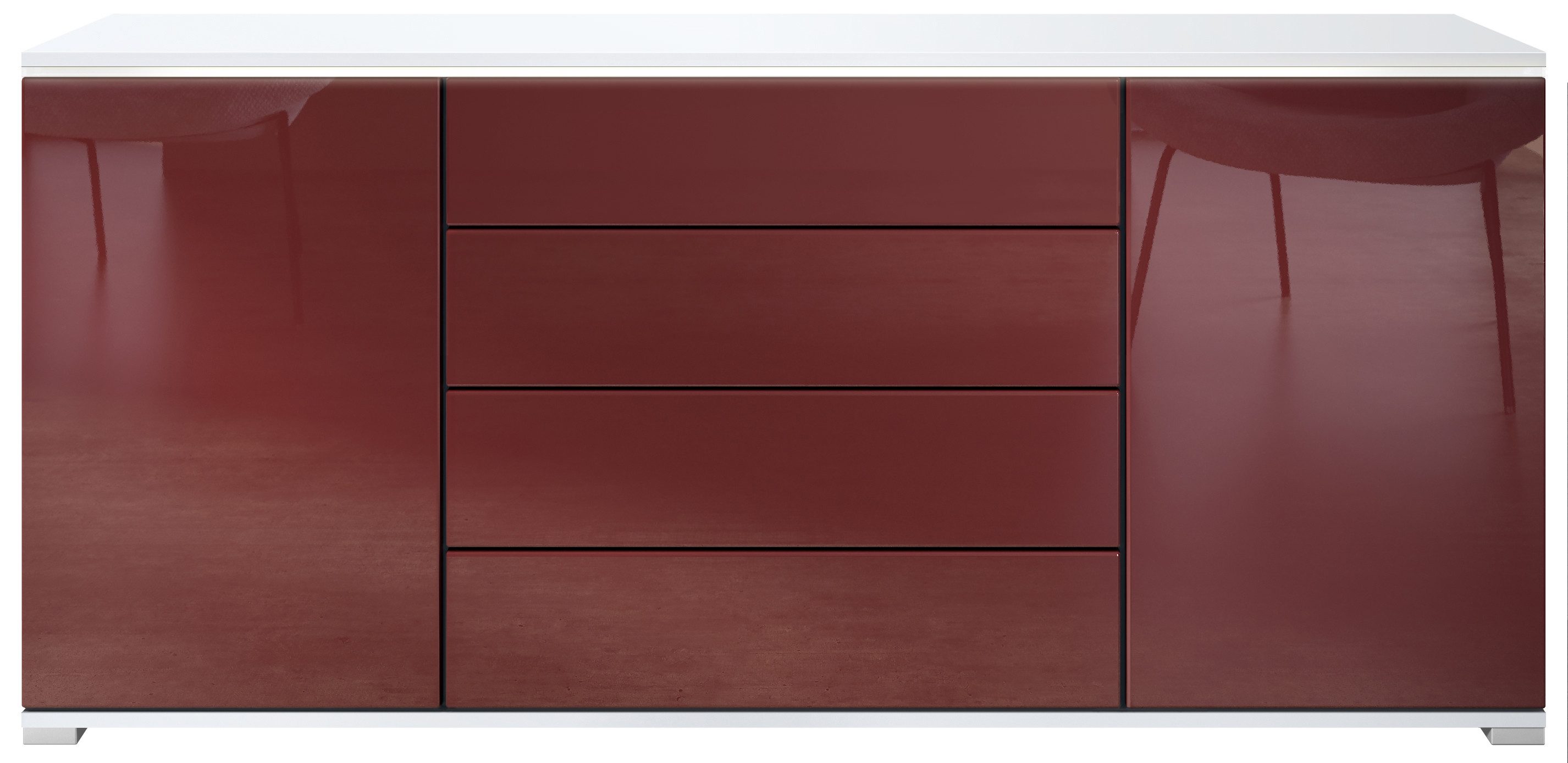 Vladon Sideboard Faro V2 (Kommode mit 2 Türen & 4 Schubladen, Schrank mit LED Lichtleiste), Weiß matt / Bordeaux Hochglanz (166,5 x 75,5 x 35)