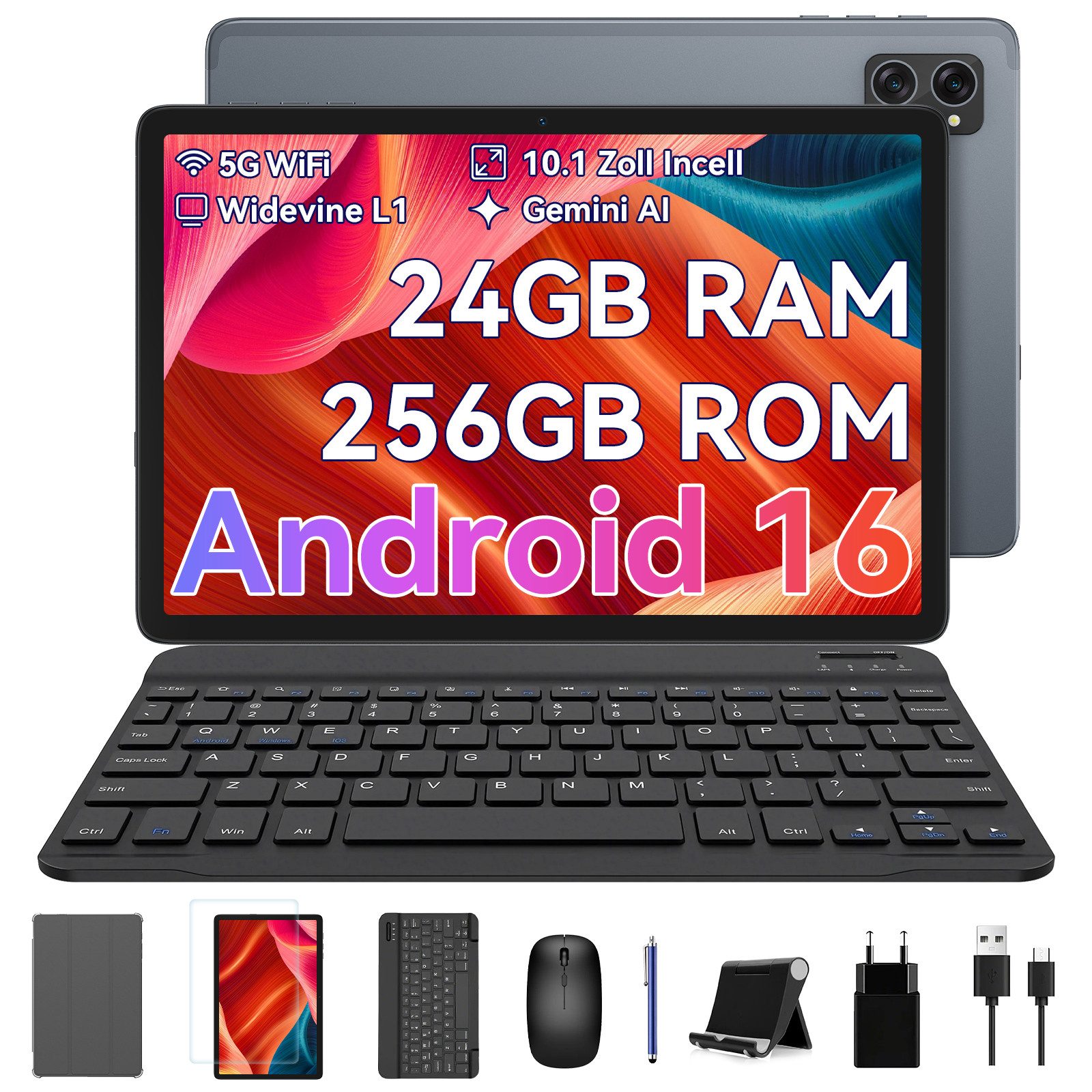 BESTTAB TABWEE Tablet 10" Android 16 Set WiFi 256GB Tablet (10", 256 GB, Android 16, Android 16, mit Stift/Maus/Tastatur, Gemini Al)