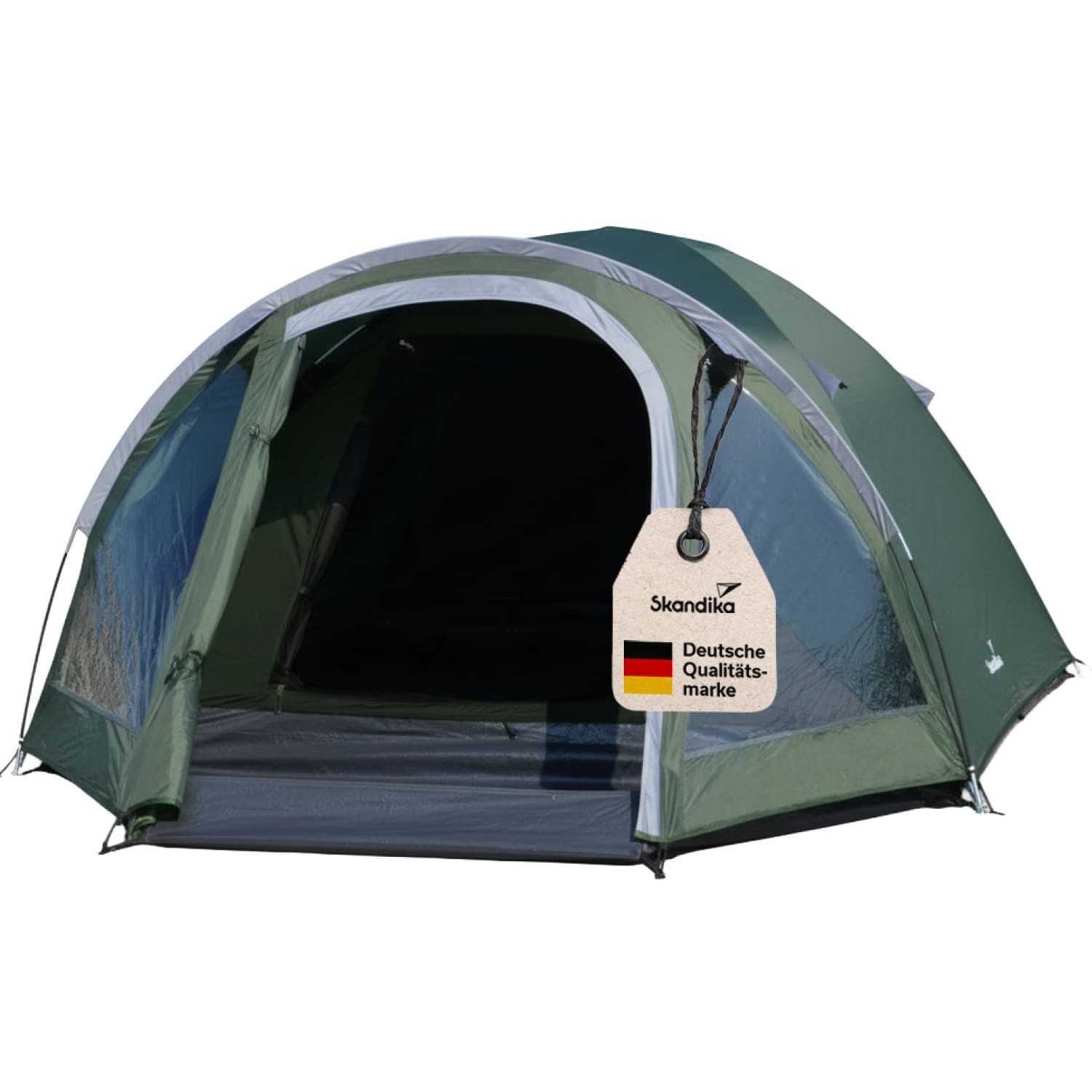 Skandika Kuppelzelt mit Vorbau Larvik für 3 Sleeper, Sleeper Technology, Tragetasche, Personen: 3 (Kabine mit fest eingenähtem Zeltboden, Farbig markiertes Gestänge), Wasserdicht 3000 mm, Dreiecksfenster, Moskitonetz, Kabeldurchführung