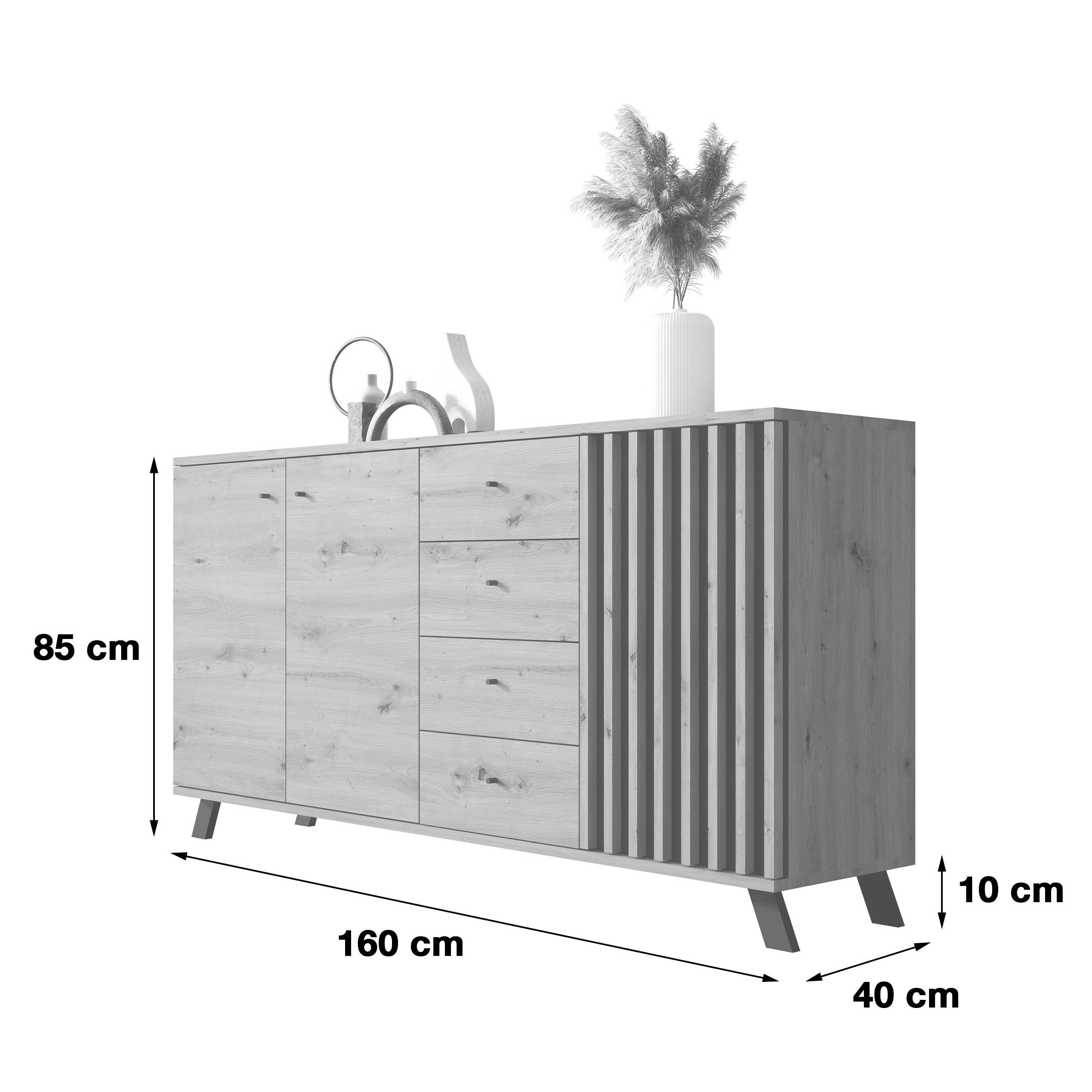 Newroom Sideboard Wildeiche 160 cm, Wildeiche Sideboard Modern Wandpaneel Vintage Highboard Anrichte