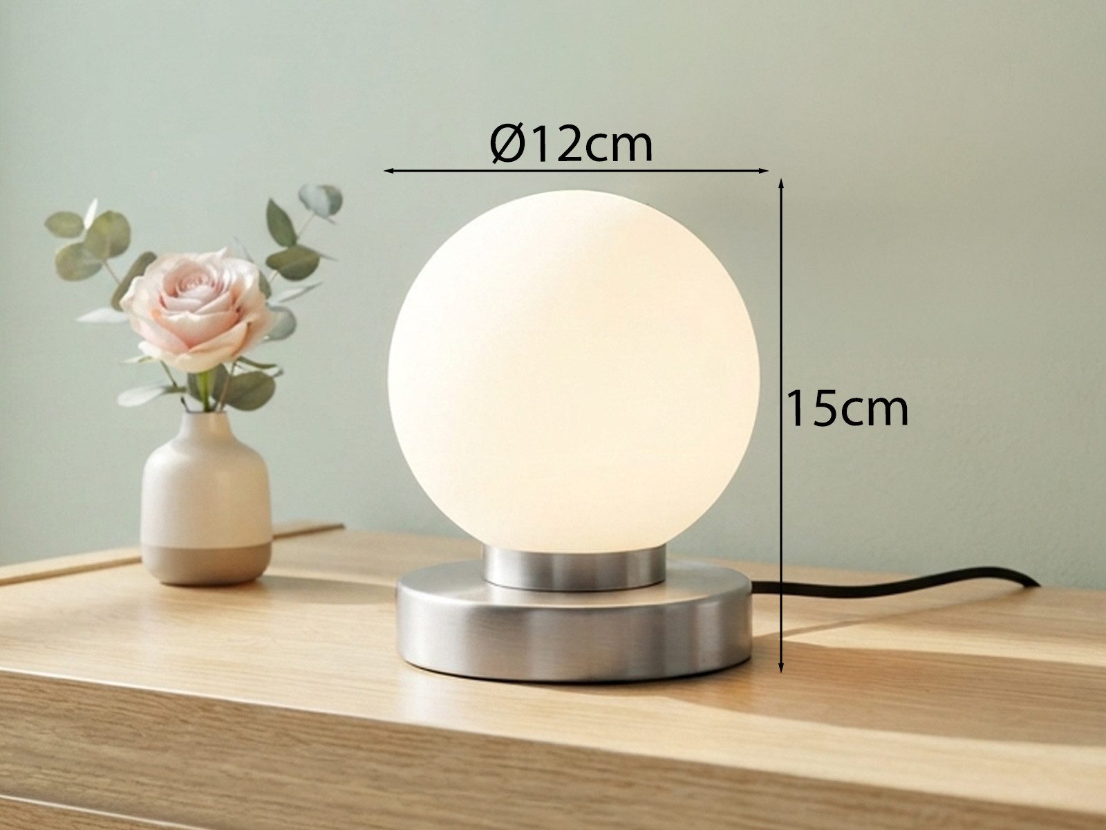 Reality Leuchten LED Nachttischlampe touch Kugel-Lampe, Höhe 15cm, dimmbar, LED wechselbar, Warmweiß, kleine Tischlampe mit Glas-Kugel, Tischleuchte inkl. E14 L – Bild 4 von 5