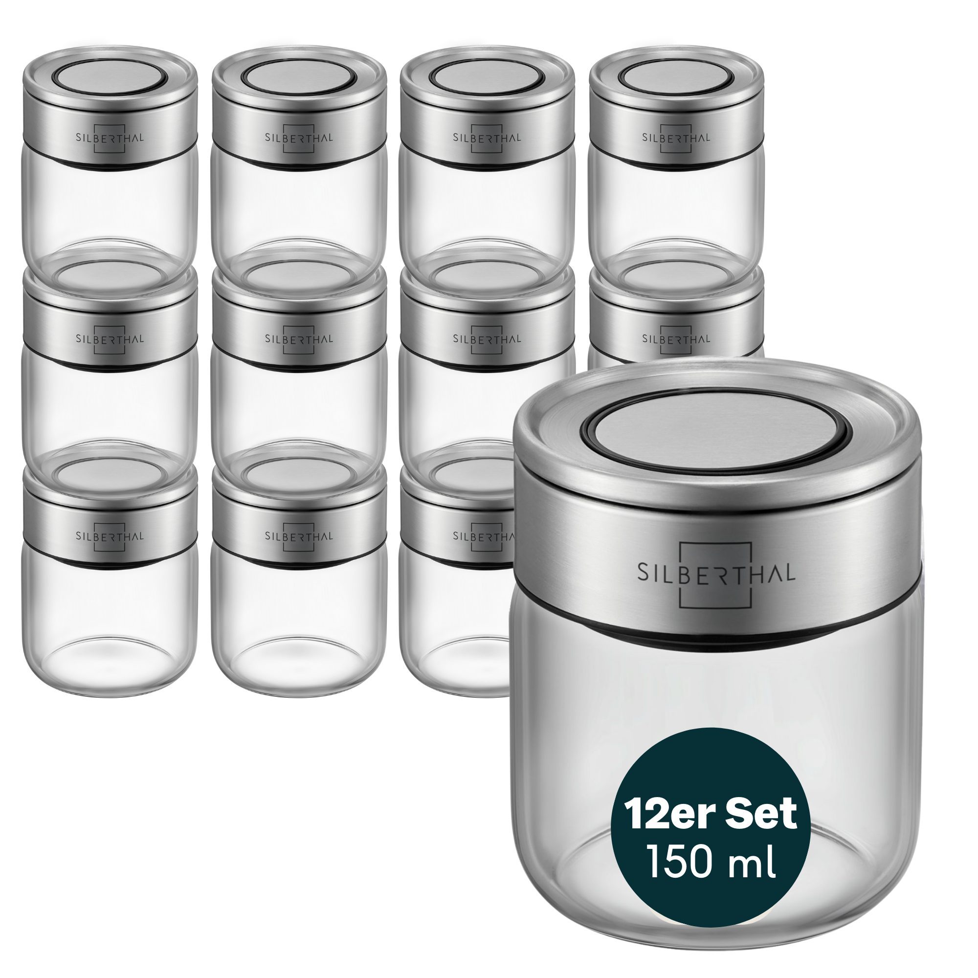 SILBERTHAL Gewürzbehälter Gewürzglas 150ml 12er Set mit Klickdeckel, Glas, Edelstahl, (12er Set 150ml, 12-tlg)