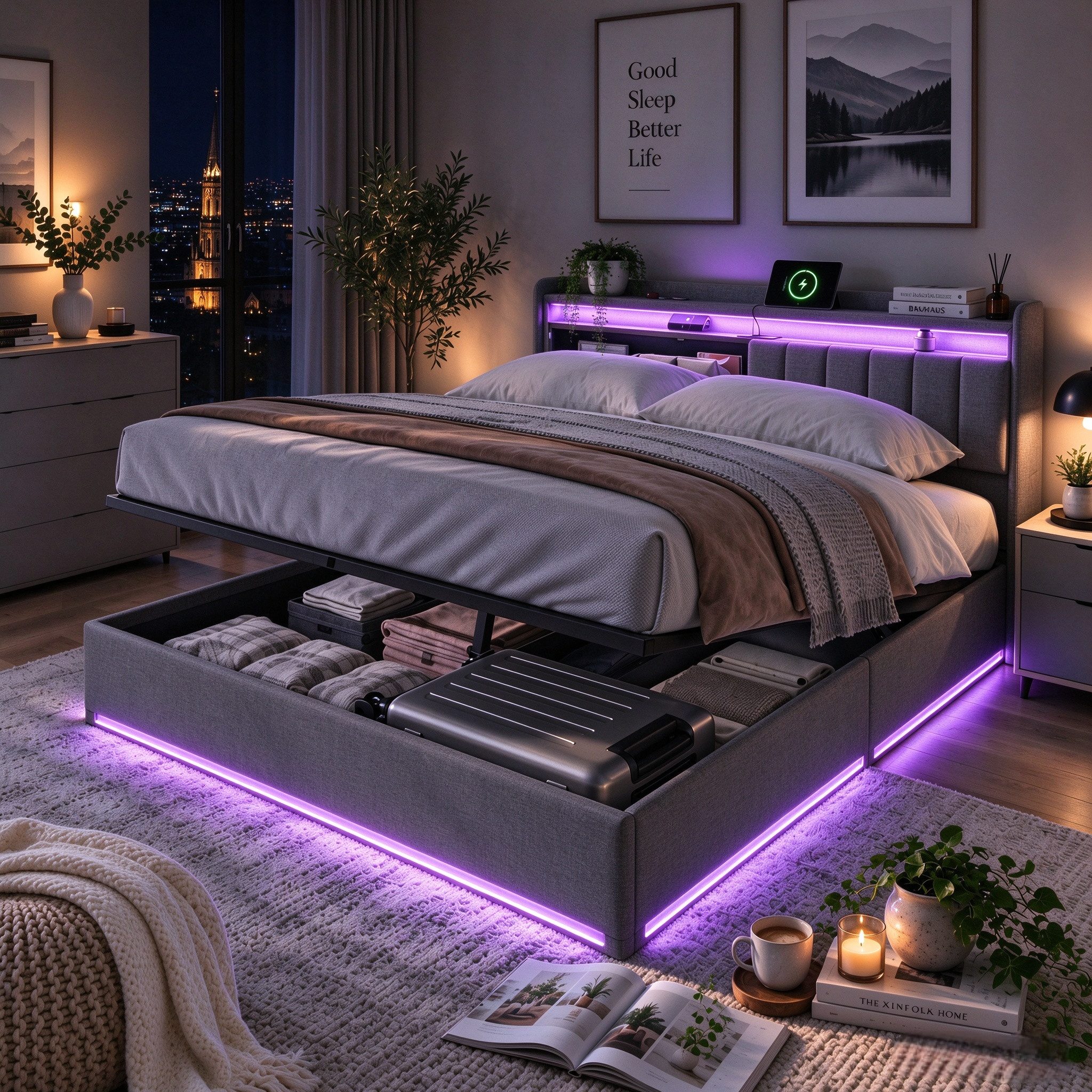 Furnishings Home Polsterbett Stauraumbett Doppelbett LED (Hydraulisch hebbarer Stauraum), Mit LED-Beleuchtung, Bettkasten, Ladefunktion, …