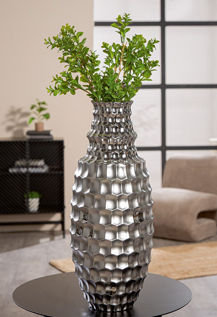 GILDE Dekovase HEXAGON Vase - Keramik - silber - Höhe 53cm x Ø 22cm - Blumenvase (1x Vase, Blumenbehälter - Blumengefäß), Blumenvase - Vasen - Tischdeko - Deko