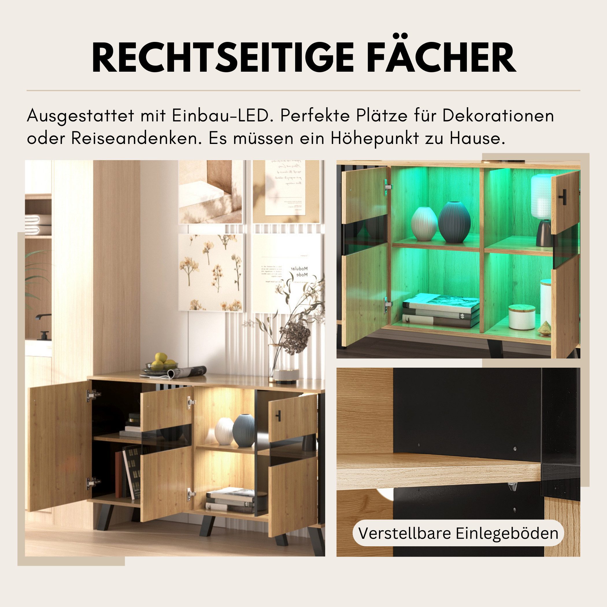 SeedWave Sideboard Modernes Sideboard LED-Beleuchtung Kontrastfarbener Wohnzimmerschrank, Verstellbare Einlegeböden, Türen mit eingelassenen Glassen