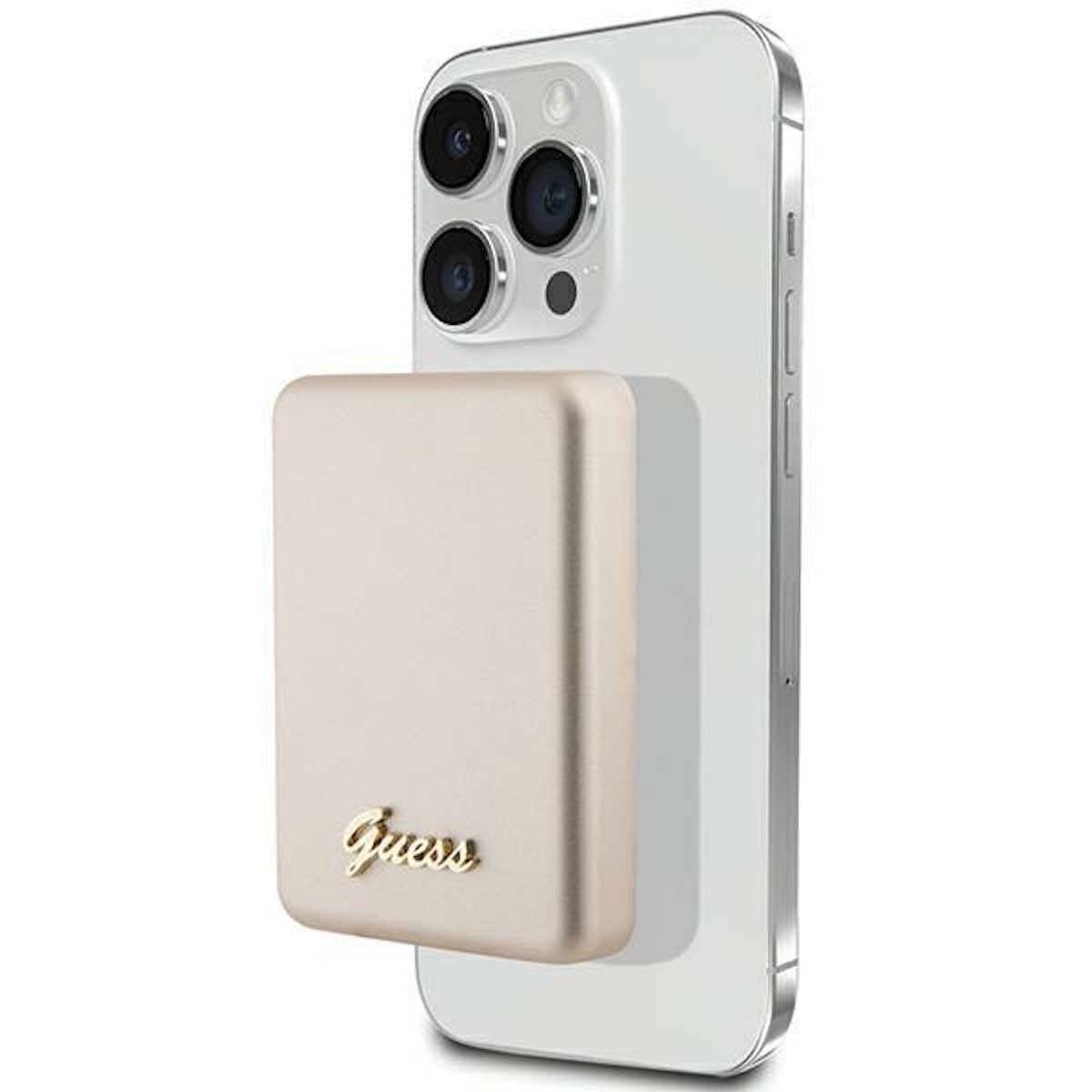 Smartphone-Hülle GUESS MagSafe Powerbank 5.000 mAh mit Kabel Metall Script Logo Gold