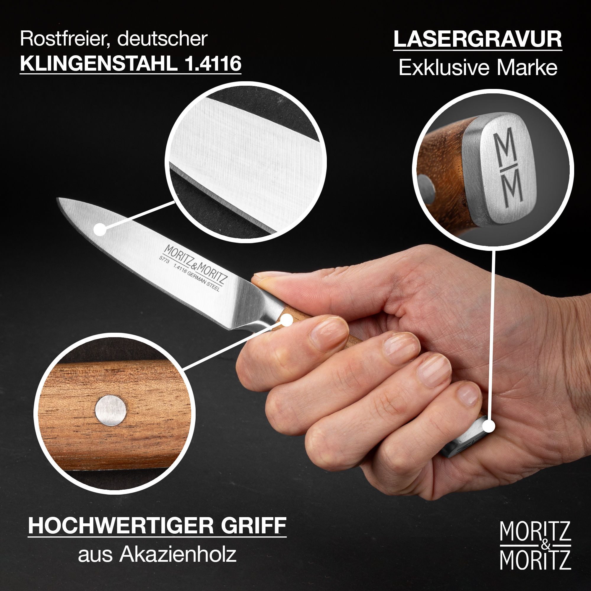 Moritz & Moritz Brotmesser Gemüsemesser 9cm scharfe Klinge, Kleines Obstmesser, ergonomischer Griff
