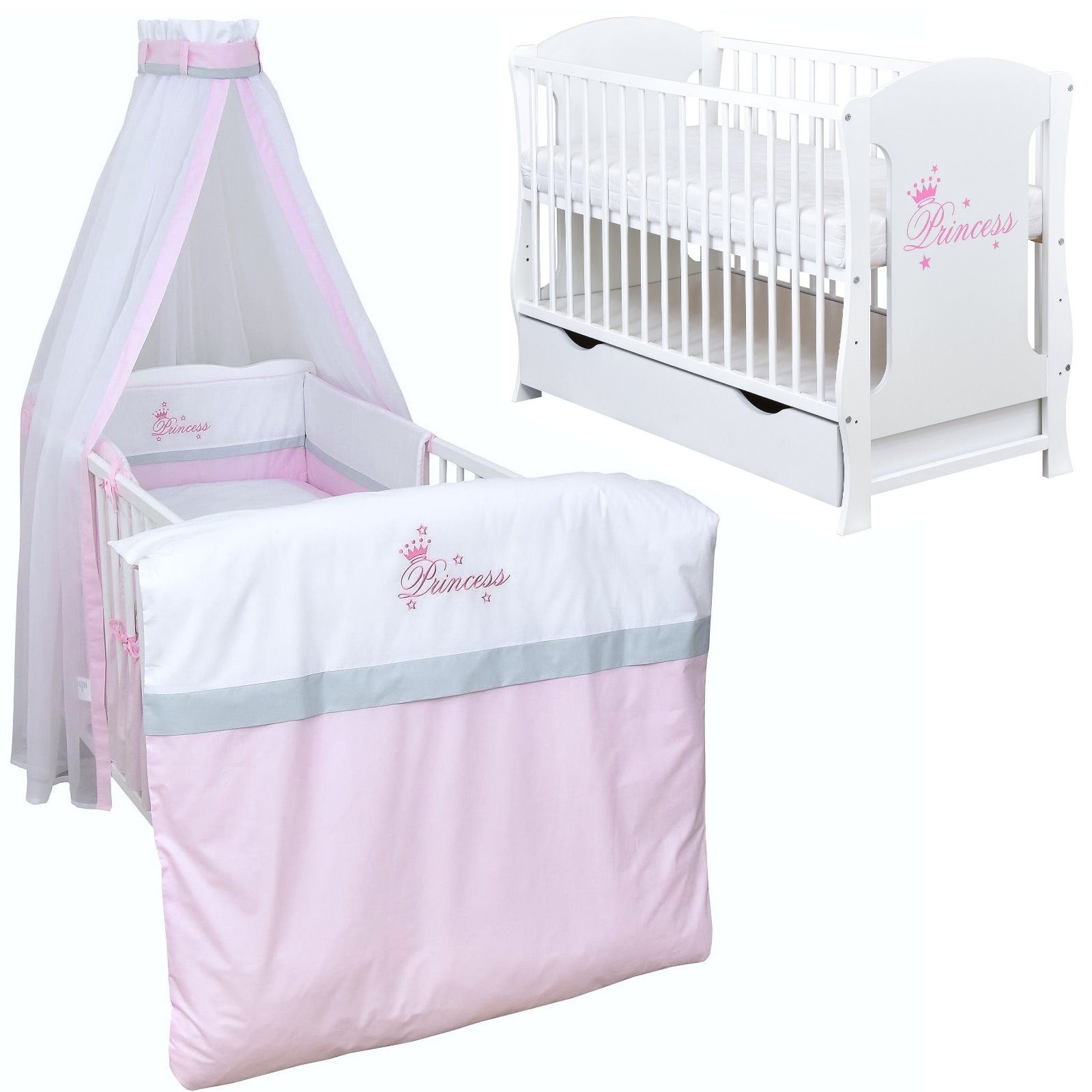 Baby-Delux Komplettbett Babybett Lia Prince/ Princes Schublade Komplettset, 12-tlg., Kinderbett 60x120 cm weiß, Bettset verschiedene Designs