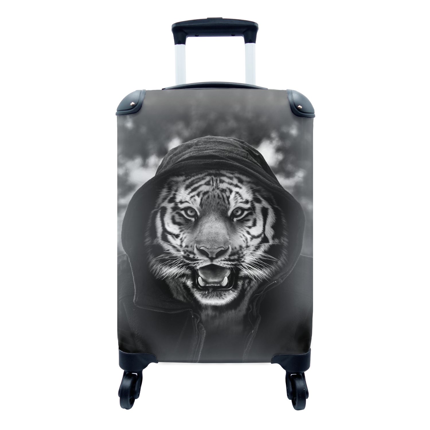 MuchoWow Handgepäckkoffer Tiger mit Kapuze - schwarz und weiß, 4 Rollen, Reisetasche mit rollen, Handgepäck für Ferien, Trolley, Reisekoffer