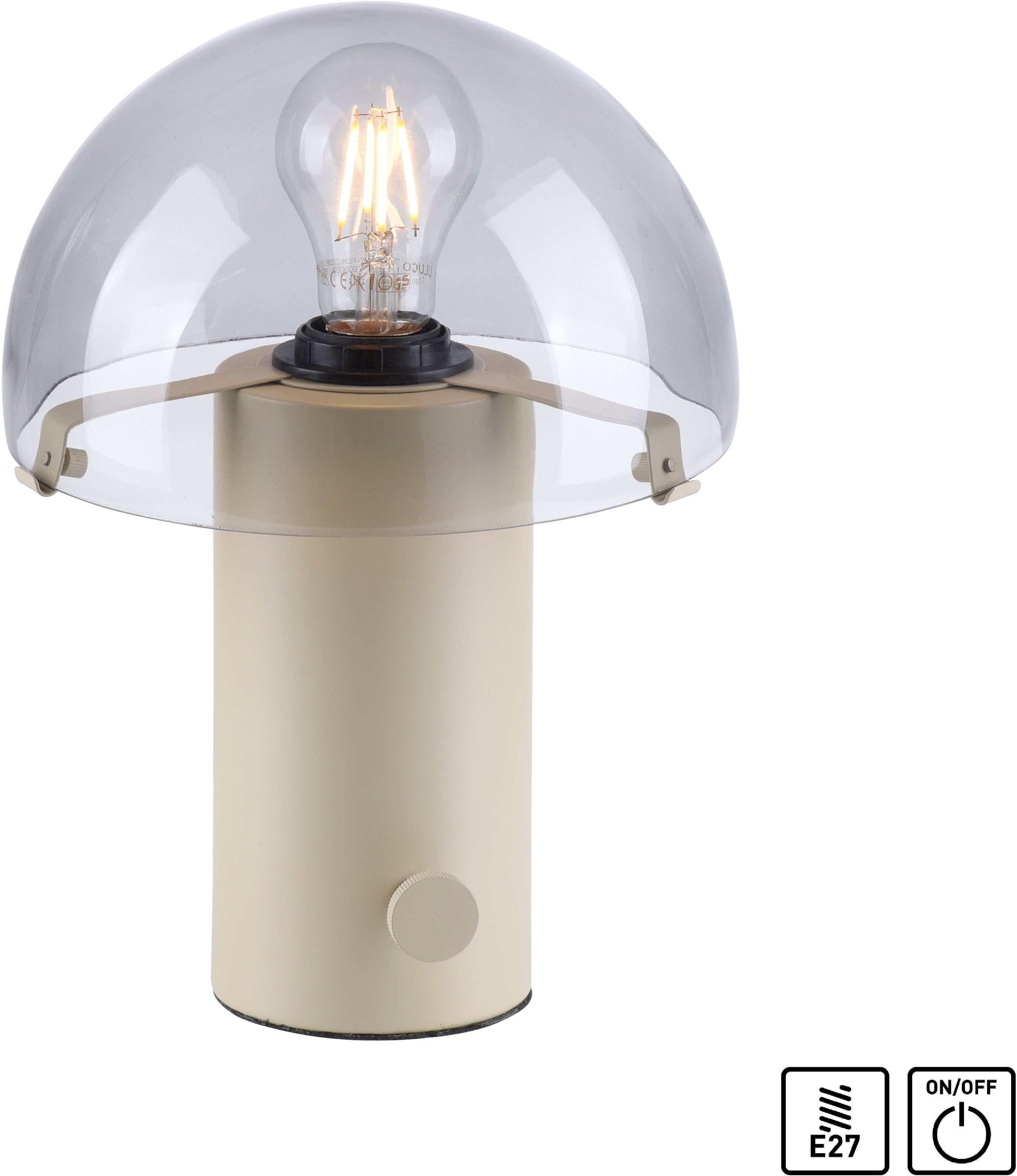 andas Tischleuchte Skickja, Ein-/Ausschalter, Tischlampe skandinavisch beige/rauchglas Pilzlampe ohne Drehschalter, E27, Leuchtmittel