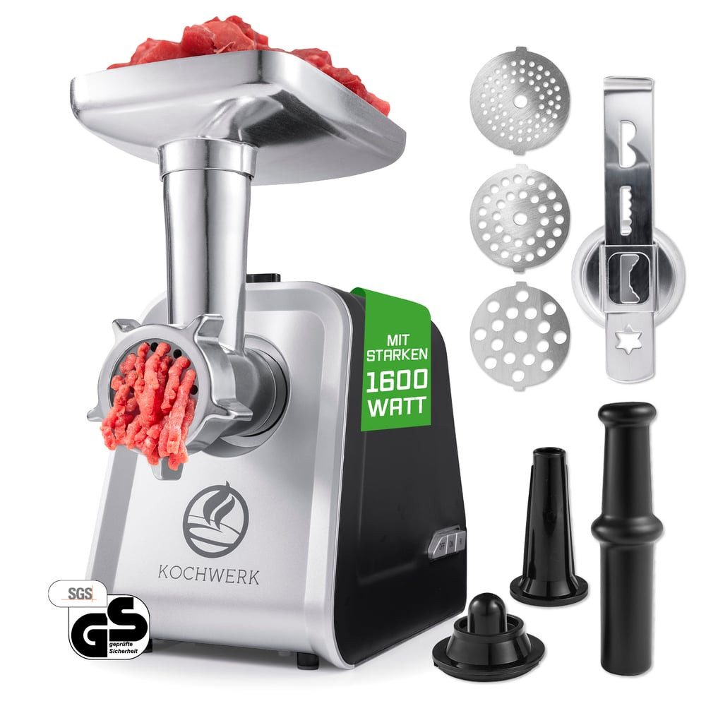 KOCHWERK Fleischwolf 4in1 silber/schwarz 2000g Fleisch/Min., 1600 W, leichte Bedienung und Reinigung, Hackfleisch, Kibbeh, Churros, Wurst