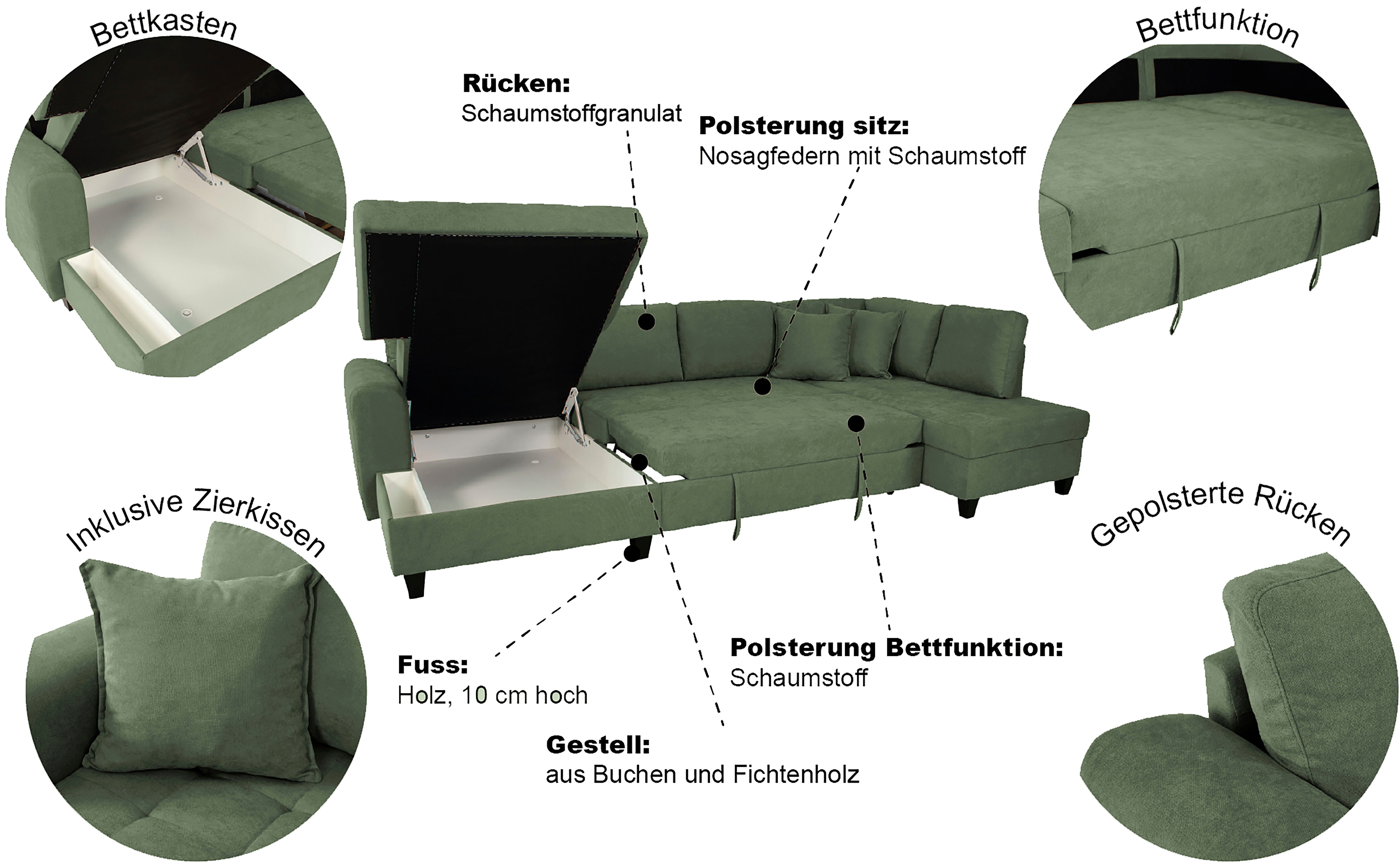 Trends by HG Wohnlandschaft Moritz U-Form, B: 324 cm, mit Schlaffunktion, Bettkasten & Zierkissen