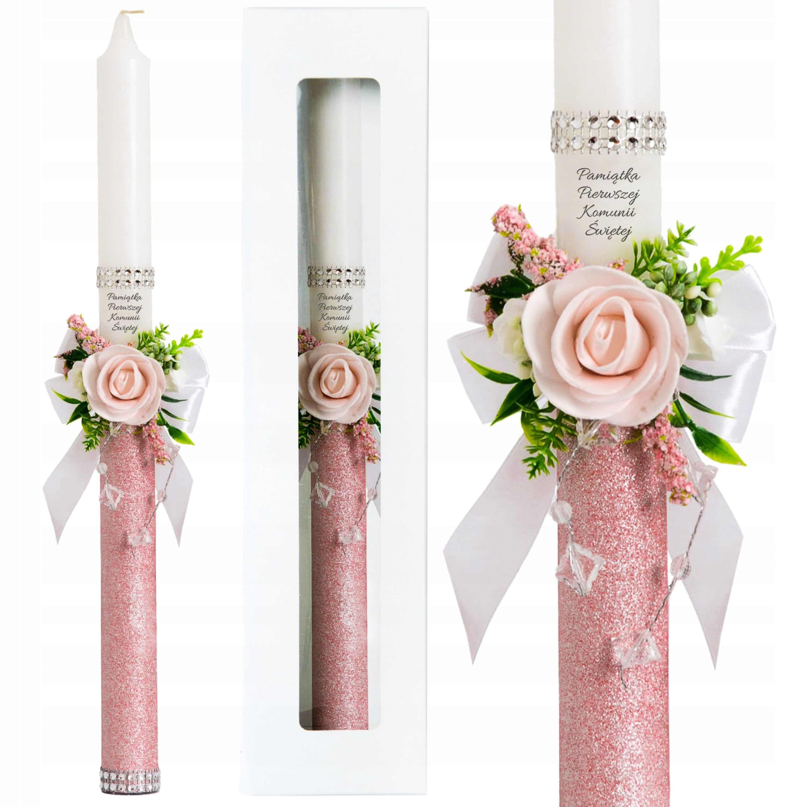 Sacramenta Kommunionskarte Kommunionkerze Mädchen Handarbeit Rosa Weiß Blumen 40cm