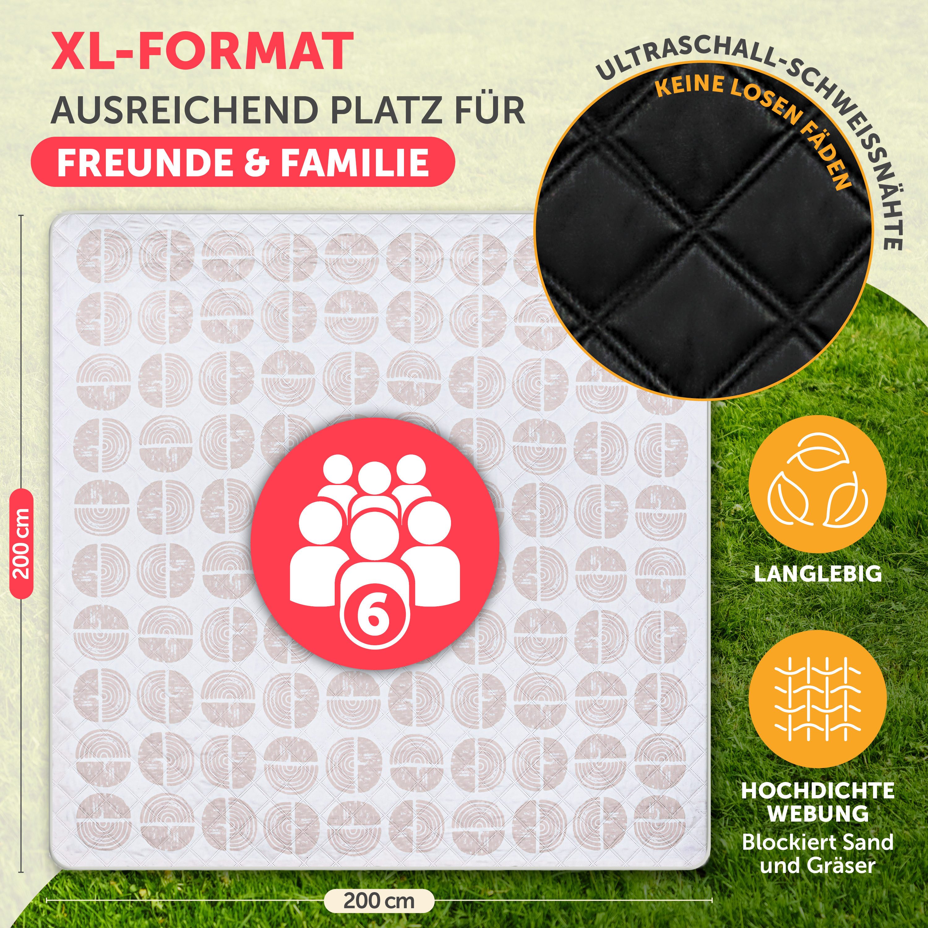 Picknickdecke Premium Picknickdecke wasserabweisend - Boho & TERRAZZO Design, Blumtal, 200x200 cm, waschbare Stranddecke sandfrei + weiche Zwischenfüllung