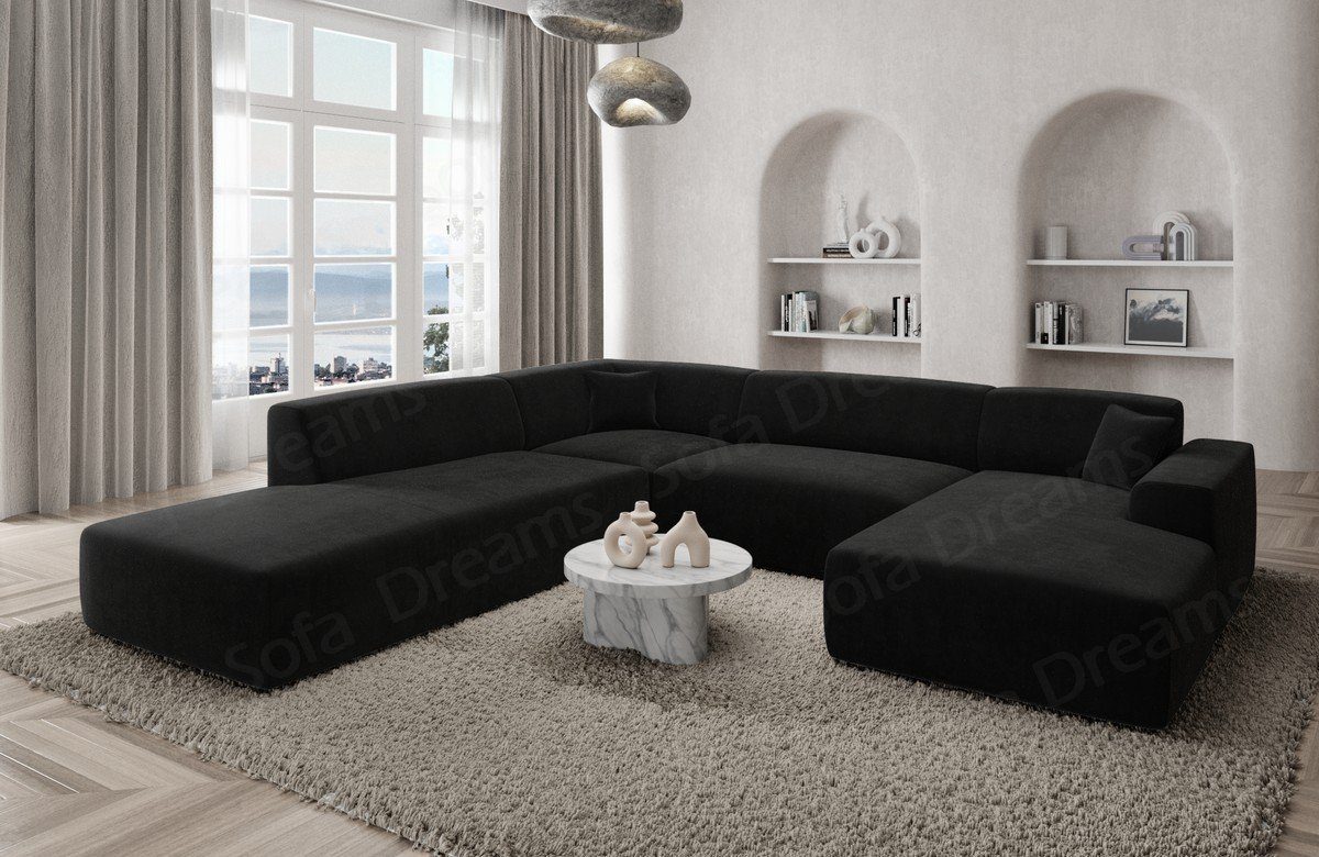 Sofa Sofa Wohnlandschaft Designer U Samtstoff Lounge Stoffsofa, Polster U-Form Loungesofa Mallorca Dreams schwarz95
