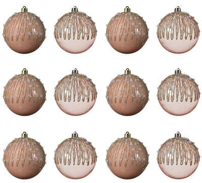 Decoris season decorations Weihnachtsbaumkugel, Weihnachtskugeln Kunststoff 8cm Pailletten 12er Set - Rosa Transparent