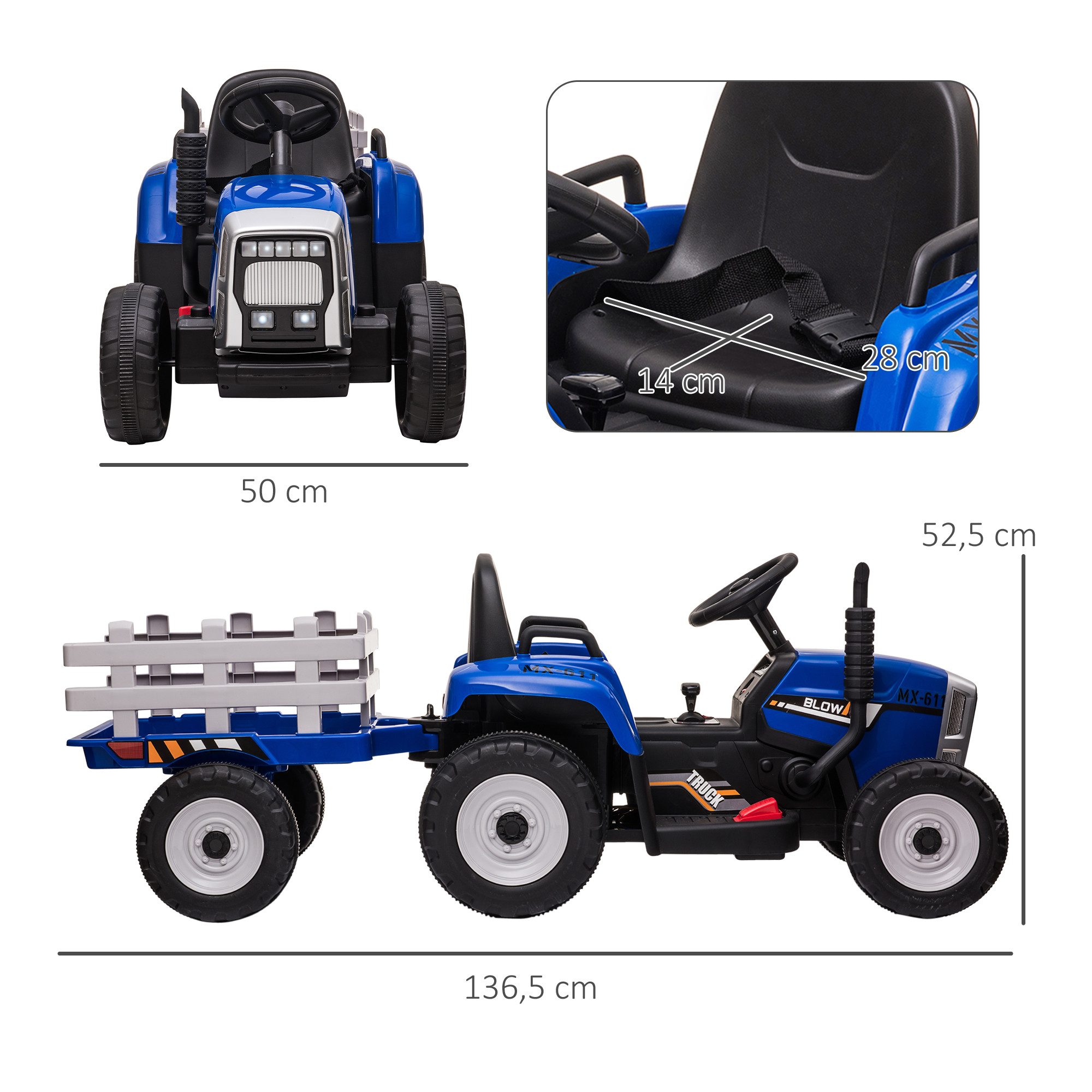 HOMCOM Elektro-Kinderauto Elektrischer Traktor, mit Anhänger, mit Fernbedienung, Belastbarkeit 30 kg, (2-tlg), für 3-6 Jahre Kinder, Blau