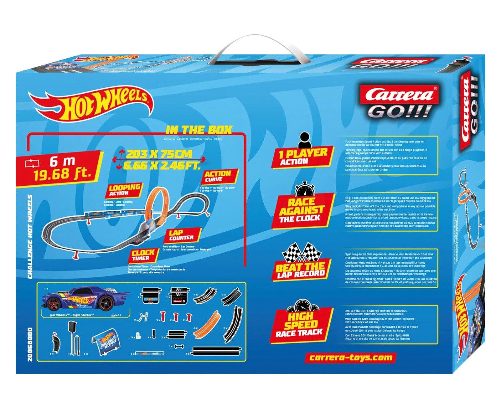 Carrera® Autorennbahn Challenge Hot Wheels Rennbahn Autorennen 2x Slotcars ab 6 (Streckenlänge 4.9 m), (Set), inkl. 2 Spielzeugautos