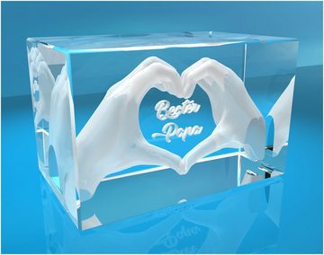 VIP-LASER Dekofigur 3D Glasquader I Herz aus Händen mit Gravur I Text: Bester Papa!, Hochwertige Geschenkbox, Made in Germany, Familienbetrieb