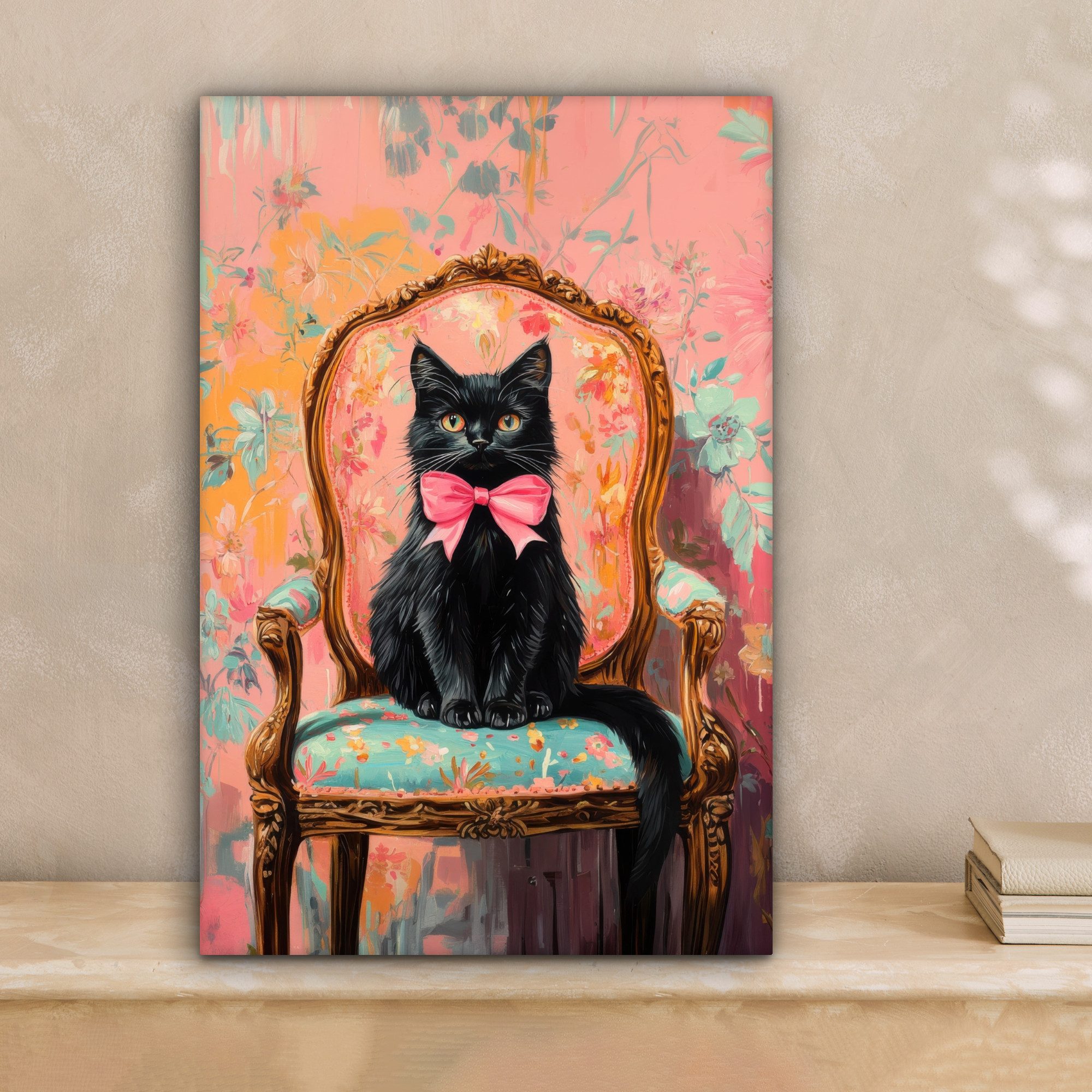 OneMillionCanvasses® Leinwandbild Katze - Rosa - Stuhl mit Blumenmuster, Fo günstig online kaufen