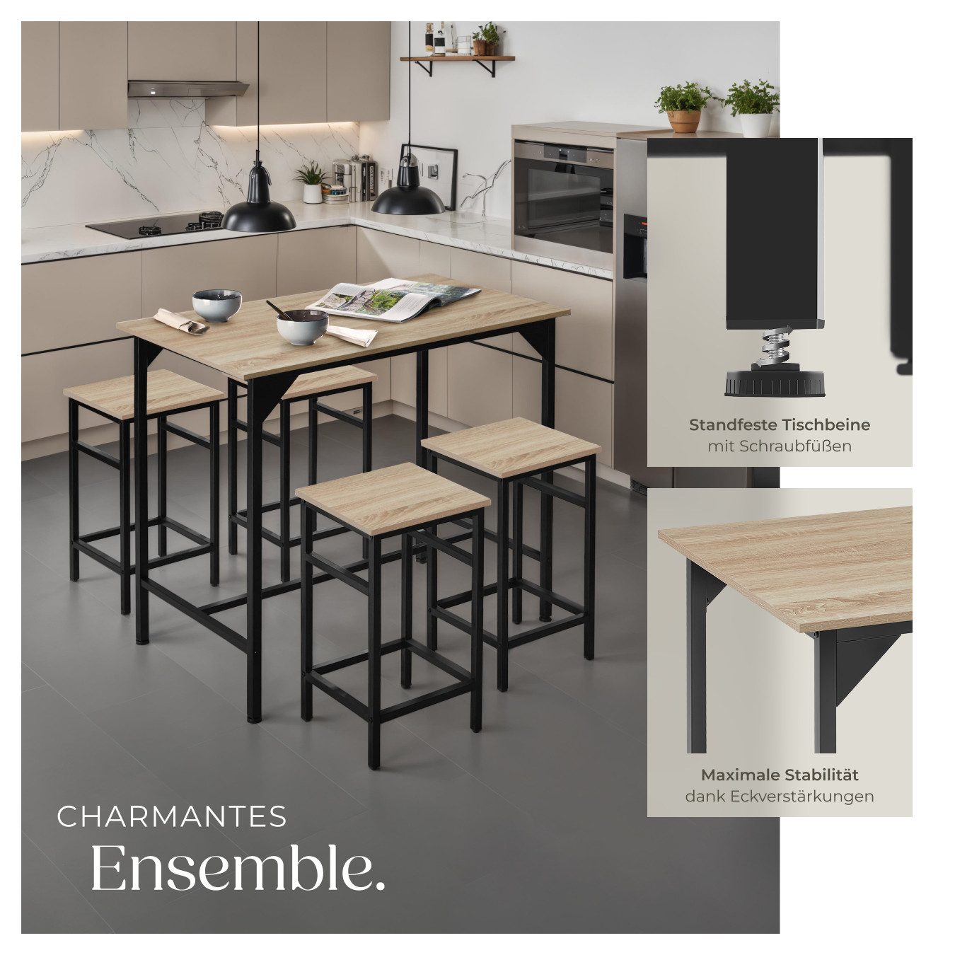 tectake Stehtisch Bartisch-Set (1-St., 5 tlg), Bartisch und Barhocker in rustikaler Industrie-Optik