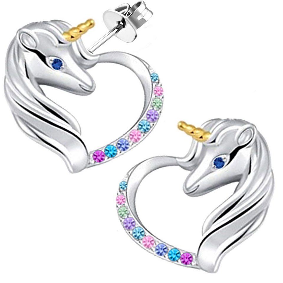 Limana Paar Ohrstecker Ohrringe echt 925 Sterling Silber Pferde Einhorn  Herz, Zirkonia Kristalle Mädchenschmuck Kinderschmuck