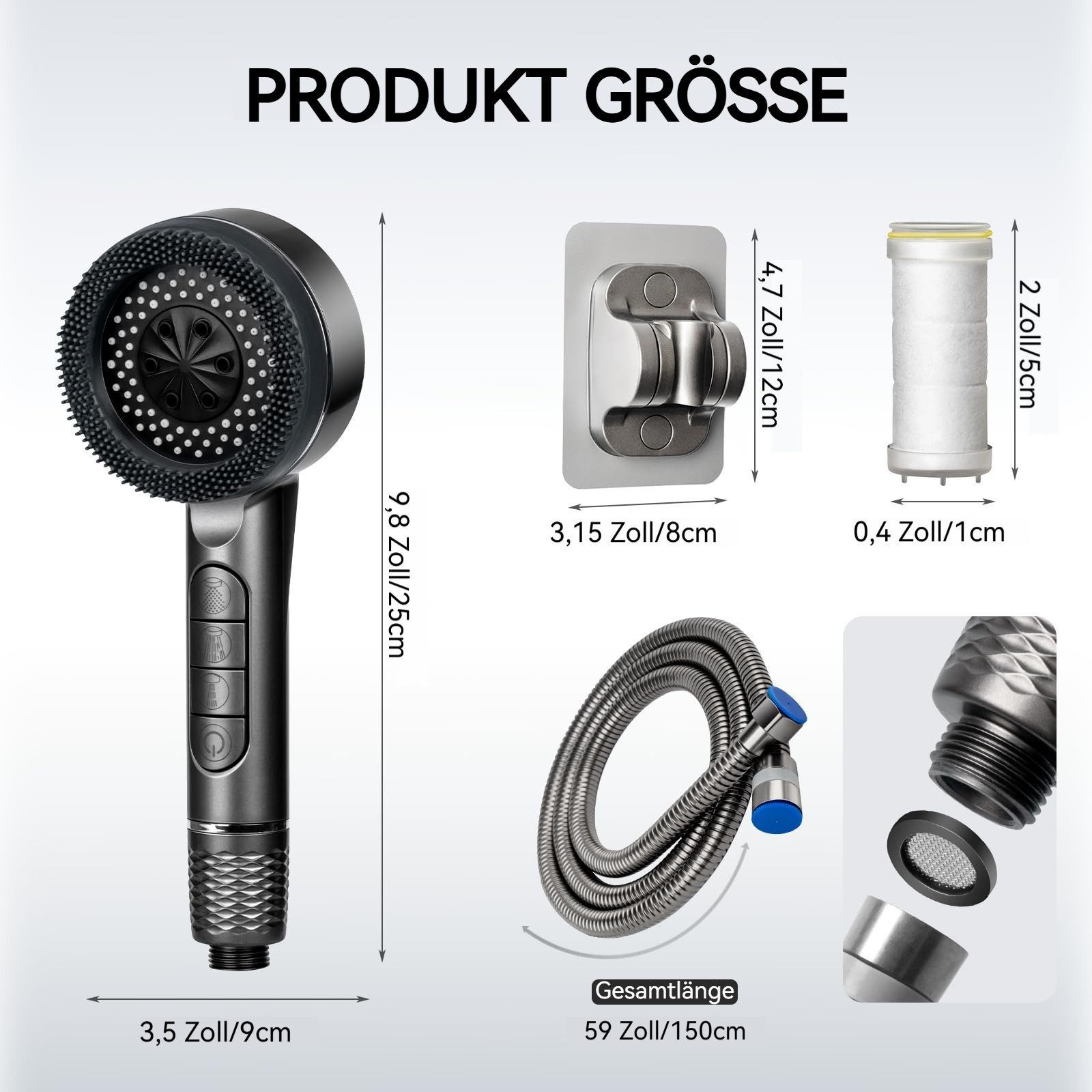 BlingBin Handbrause Duschkopf mit Filter, Hochdruck Handbrause mit 1,5 M Schlauch, (1 Stück, 1-tlg., Wassersparende Duschbrause mit Stoppfunktion), Sparduschkopf mit Antikalk-Funktion für Erhöhten Wasserdruck
