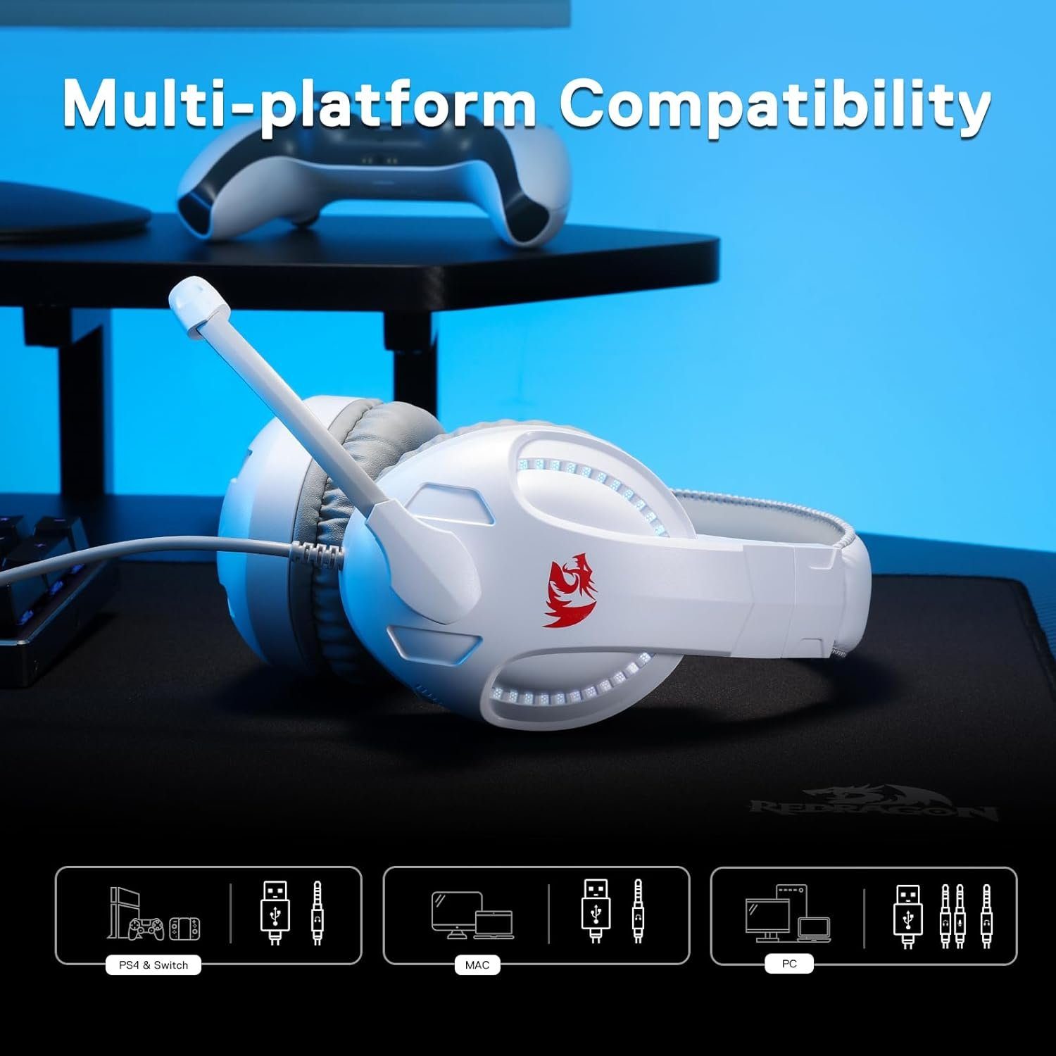 Kabel, Xbox) (leichtes Multi-Plattform, Over-Ear-Headset, Gaming-Headset mit PC, RGB, Komfort H211 Memory-Schaum, Mikrofon, 7.1-Surround-Sound leicht, mit Redragon
