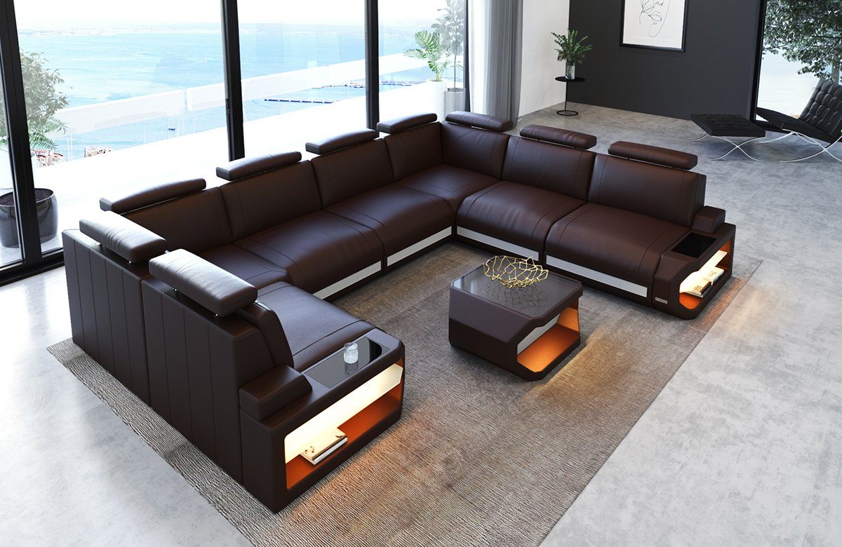 Sofa Dreams Wohnlandschaft Leder Couch Sofa Siena U Form Ledersofa, U-Form Ledersofa Wohnlandschaft mit LED-Beleuchtung und USB