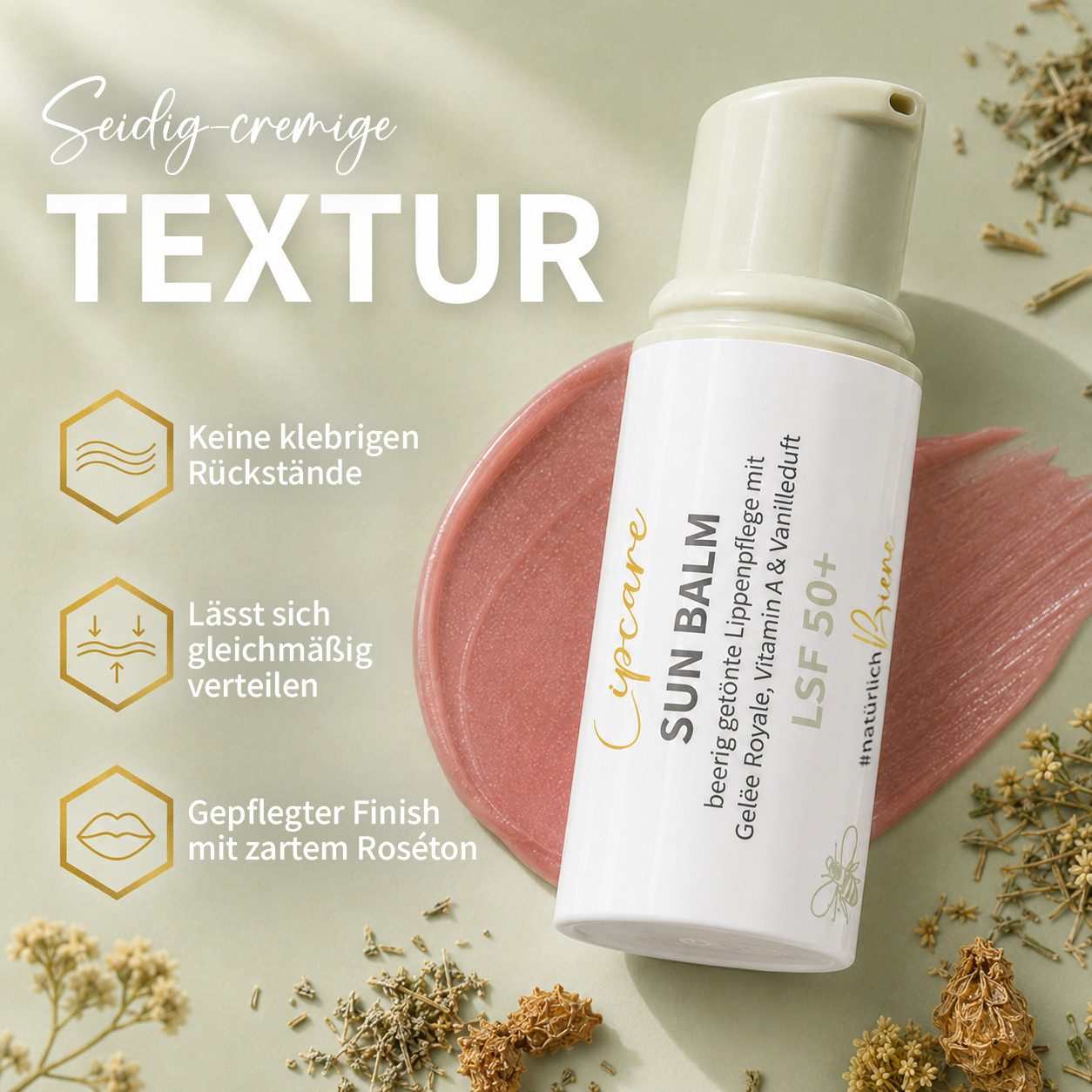bedrop Lippenbalsam SUN BALM LSF 50+ - getönter Lippenpflegebalsam mit Gelée Royale, beerig getönte Lippenpflege mit Gelée Royale, Vitamin A & Vanilleduft