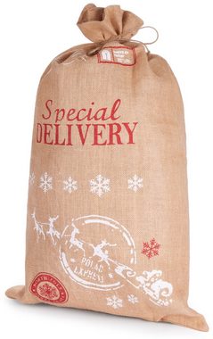 BRUBAKER Aufbewahrungstasche Weihnachtssack Special Delivery Weihnachtsmann mit Schlitten (Jutesack, 1-tlg., Weihnachten), Nikolaussack Jutebeutel Sack mit Kordel zum Verpacken von Geschenken