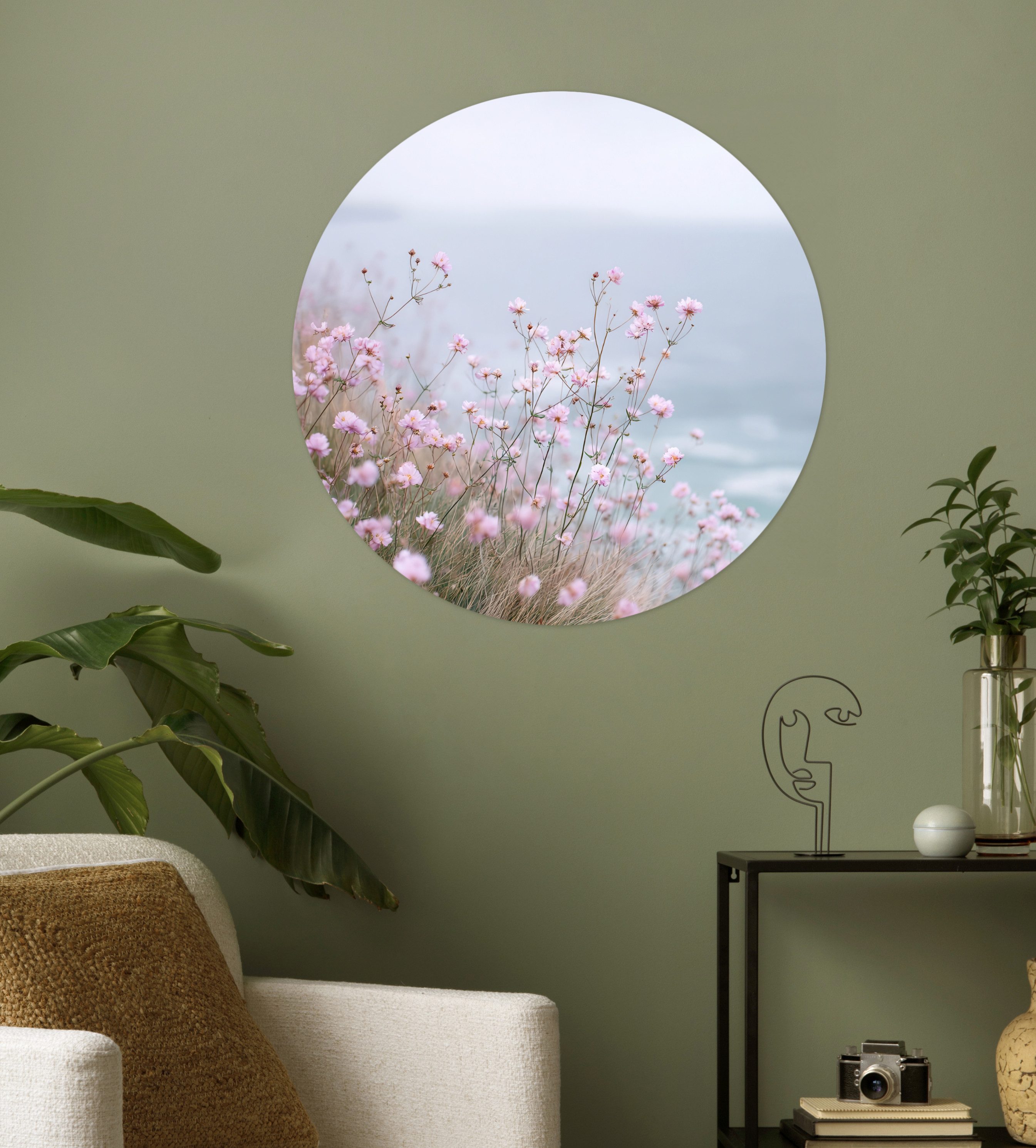 MuchoWow Wandsticker Klippe - Blumen - Meer - Rosa (1 St), Tapetensticker Selbstklebend, Wandbild Wohnzimmer, 80x80 cm