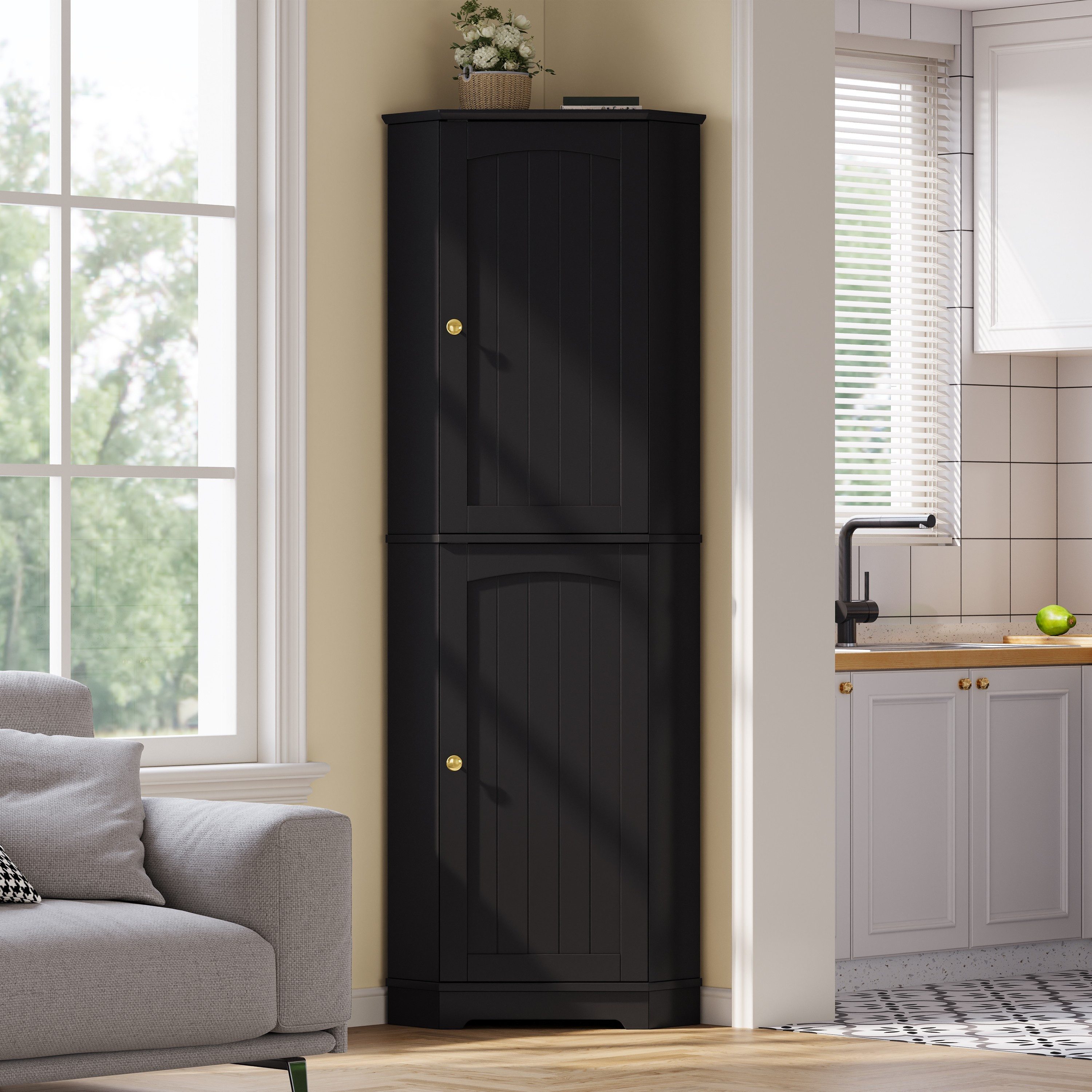 Flieks Eckschrank Hochschrank mit 2 Türen, 6 Fächer, verstellbaren Einlegeböden (42x42x166 cm, 1-St., Sideboard für Esszimmer, Wohnzimmer, Wohnzimmer, Badezimmer) L-förmig Multifunktionsschrank Mehrzweckschrank Badkommode Schwarz