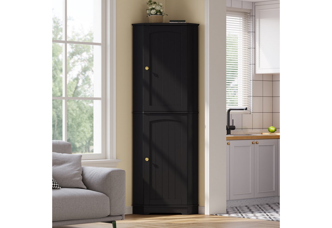 Flieks Eckschrank Hochschrank mit 2 Türen, 6 Fächer, verstellbaren Einlegeböden (42x42x166 cm, 1-St., Sideboard für Esszimmer, Wohnzimmer, Wohnzimmer, Badezimmer) L-förmig Multifunktionsschrank Mehrzweckschrank Badkommode Schwarz