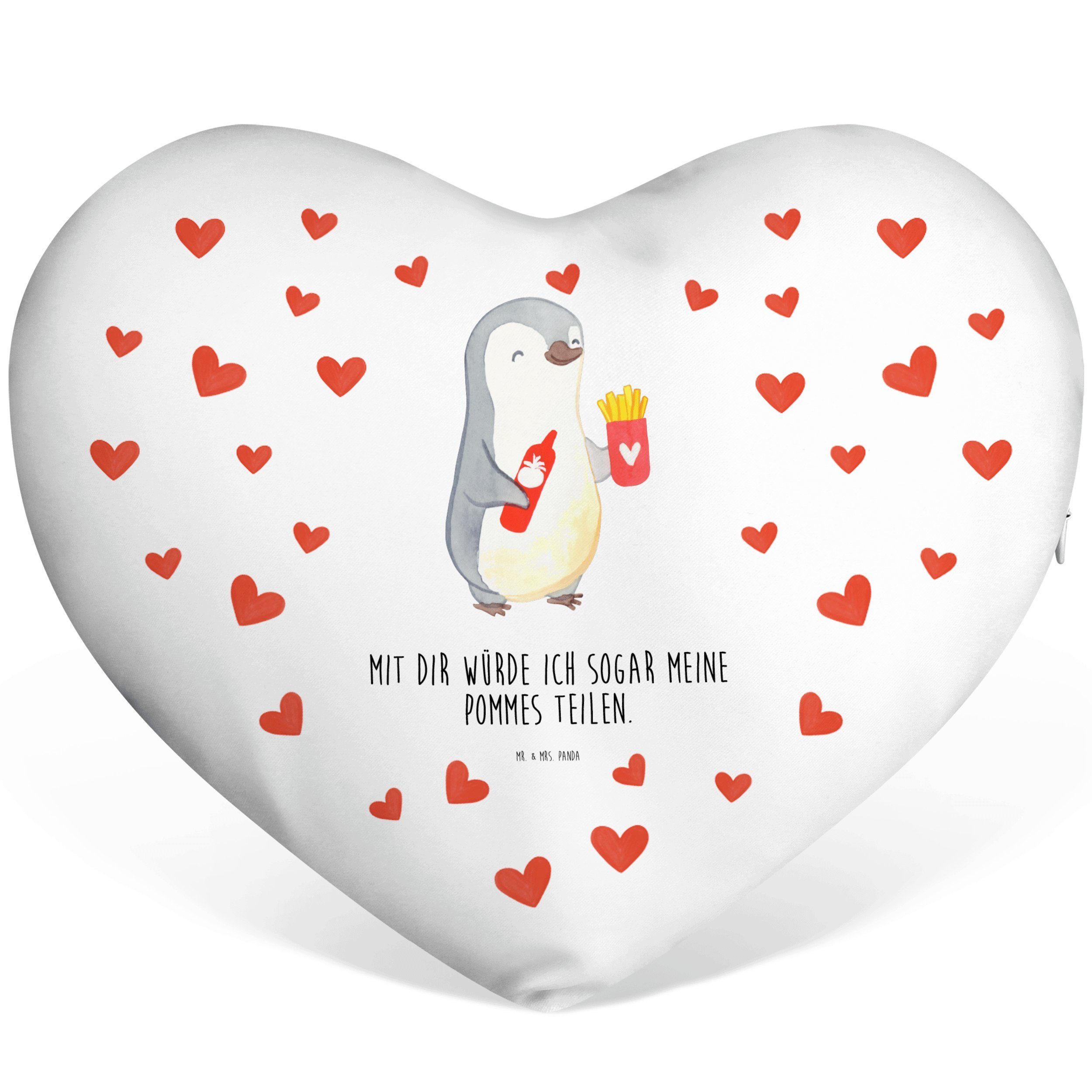 Mr. & Mrs. Panda Dekokissen Pinguin Pommes - Weiß - Geschenk, für Ehemann, Herzform, Ehefrau, Ges