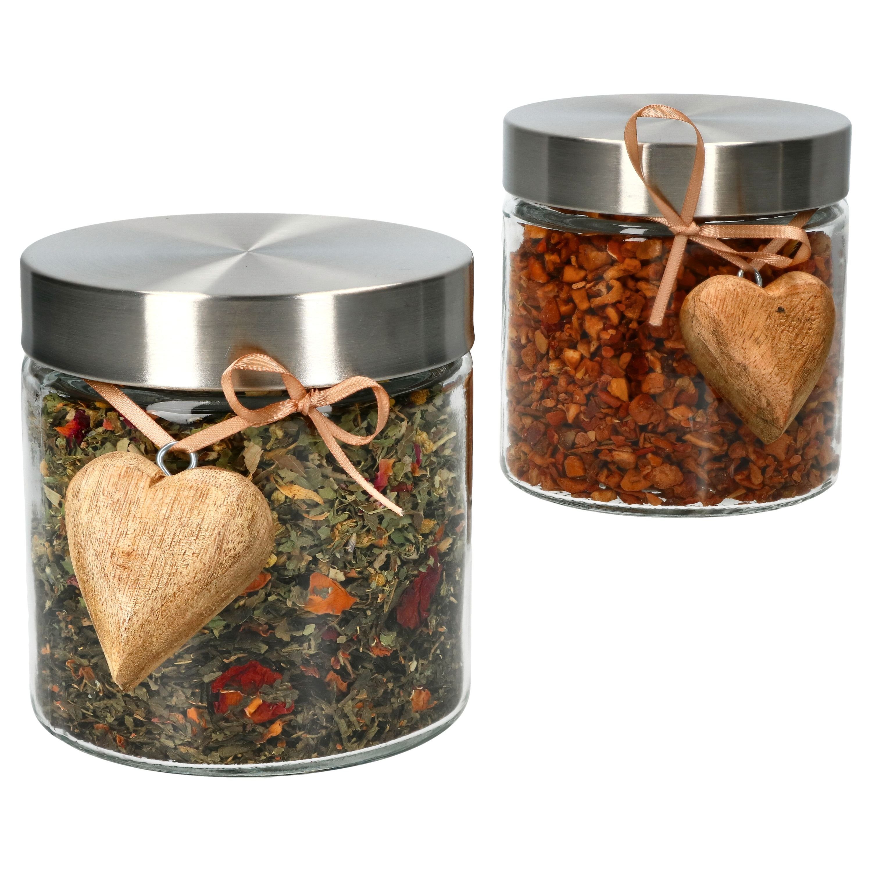 Vorratsglas 2x Teedose Bera mit Edelstahldeckel & Holz-Herz 800ml Ø11cm