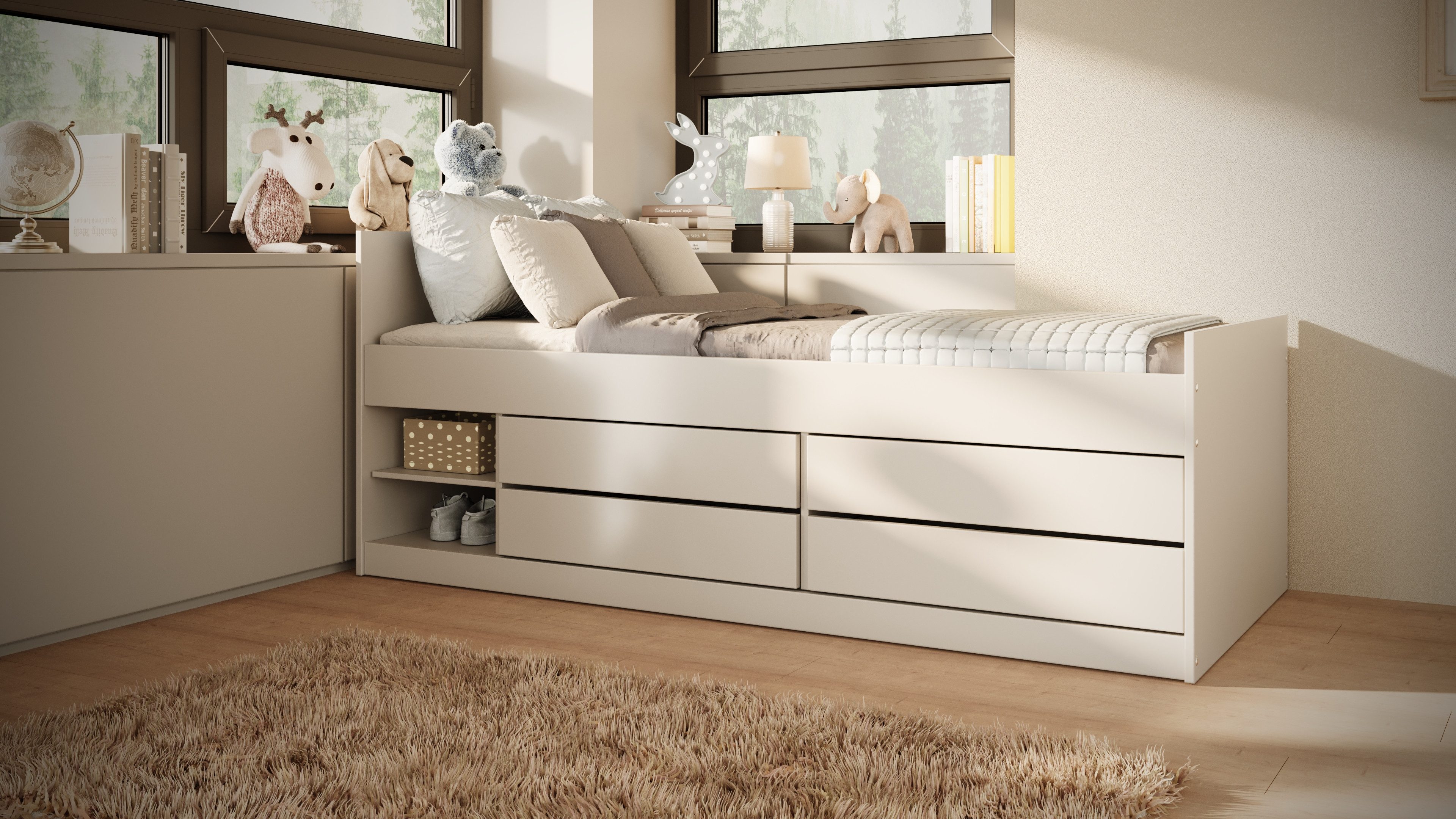 Kinderbett Funktionsbett 200x90 cm Jugendbett mit 4 Schubladen und 2 Regalen