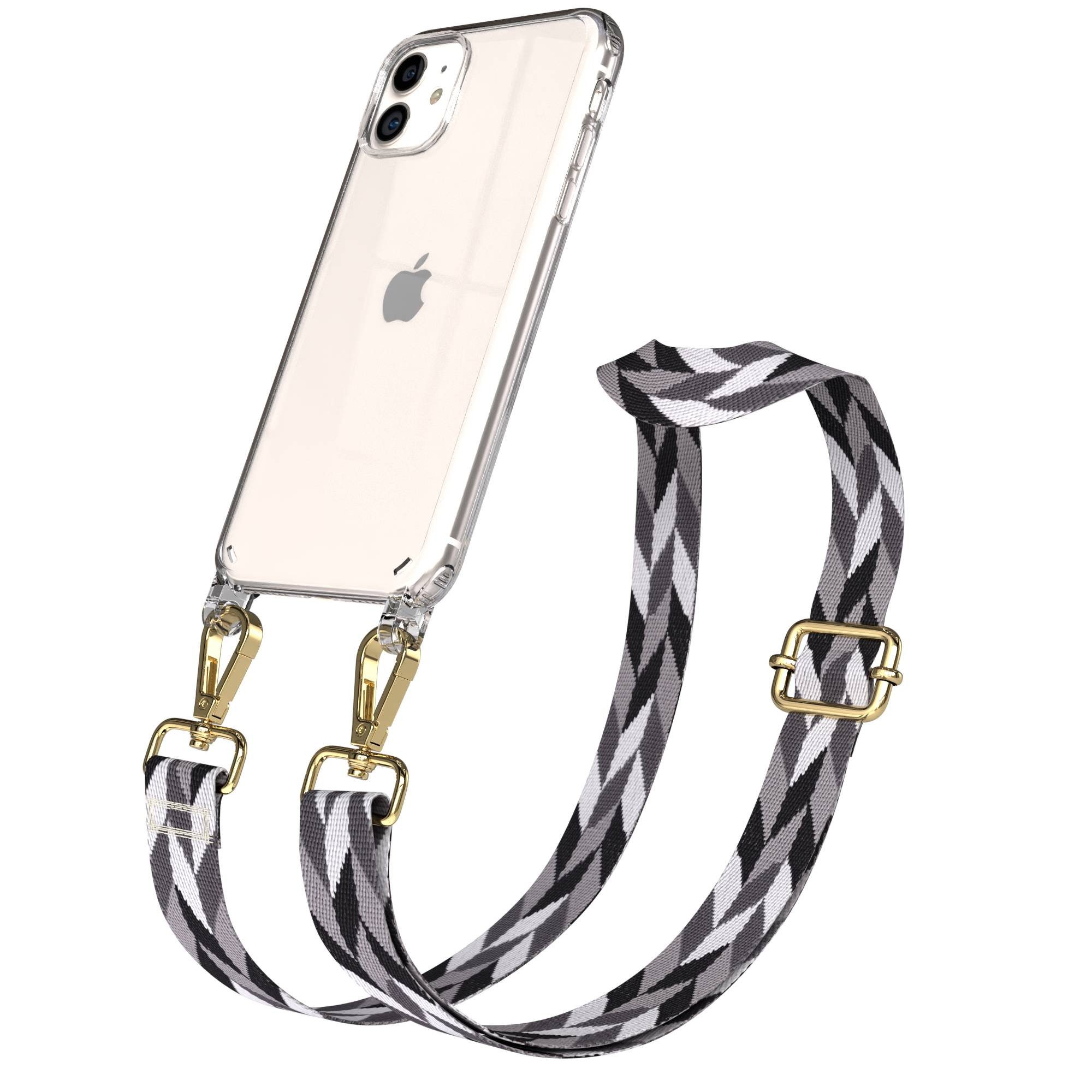 EAZY CASE Handykette Umhängeband für Apple iPhone 11 6,1 Zoll, Handy Grau-Schwarz Mix Necklace Hülle mit langem Band