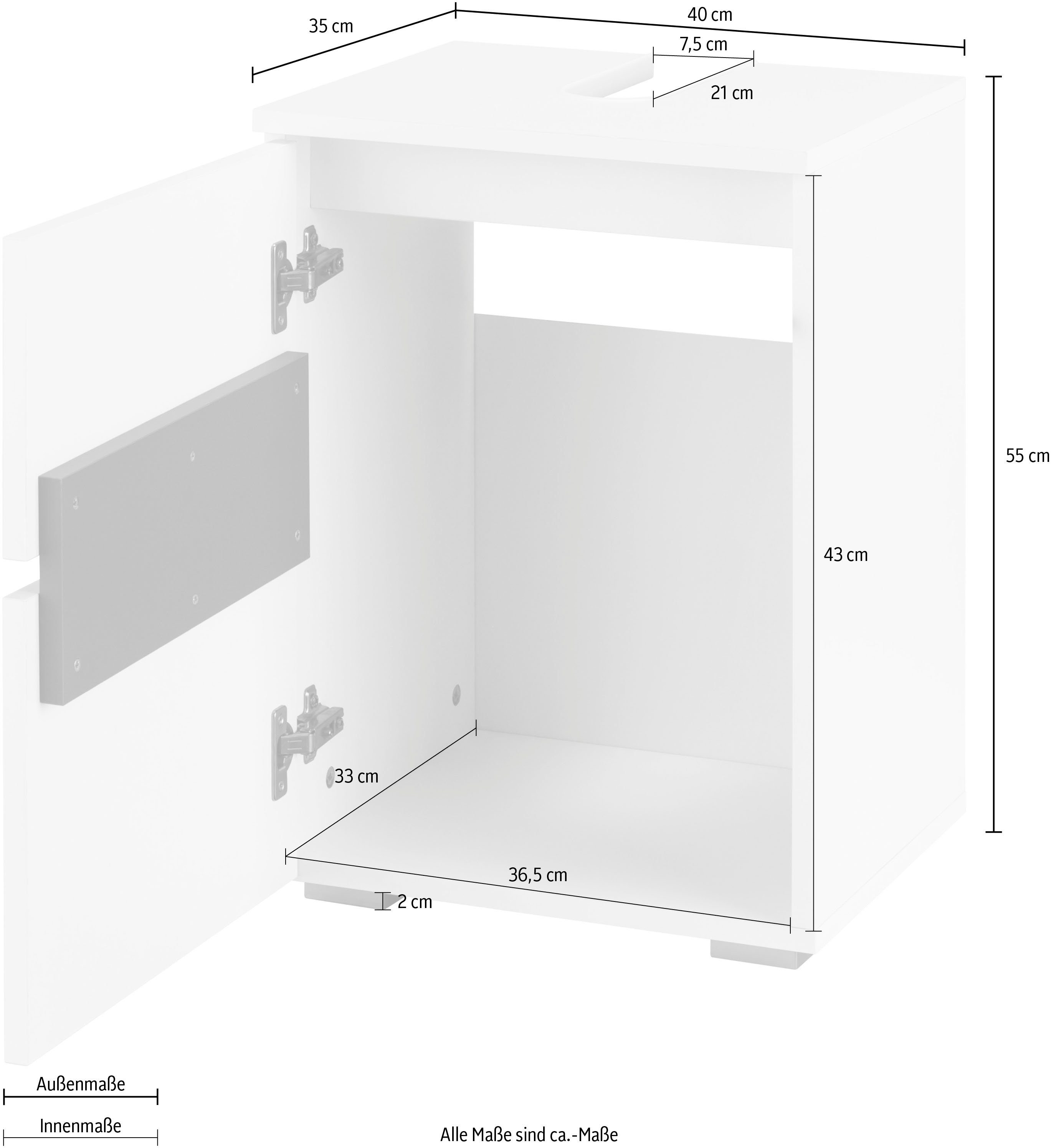 Home affaire | weiß 55 Waschbeckenunterschrank Breite 40 Siphonausschnitt, Wisla Höhe weiß/weiß cm, cm Push-to-open-Funktion, Tür