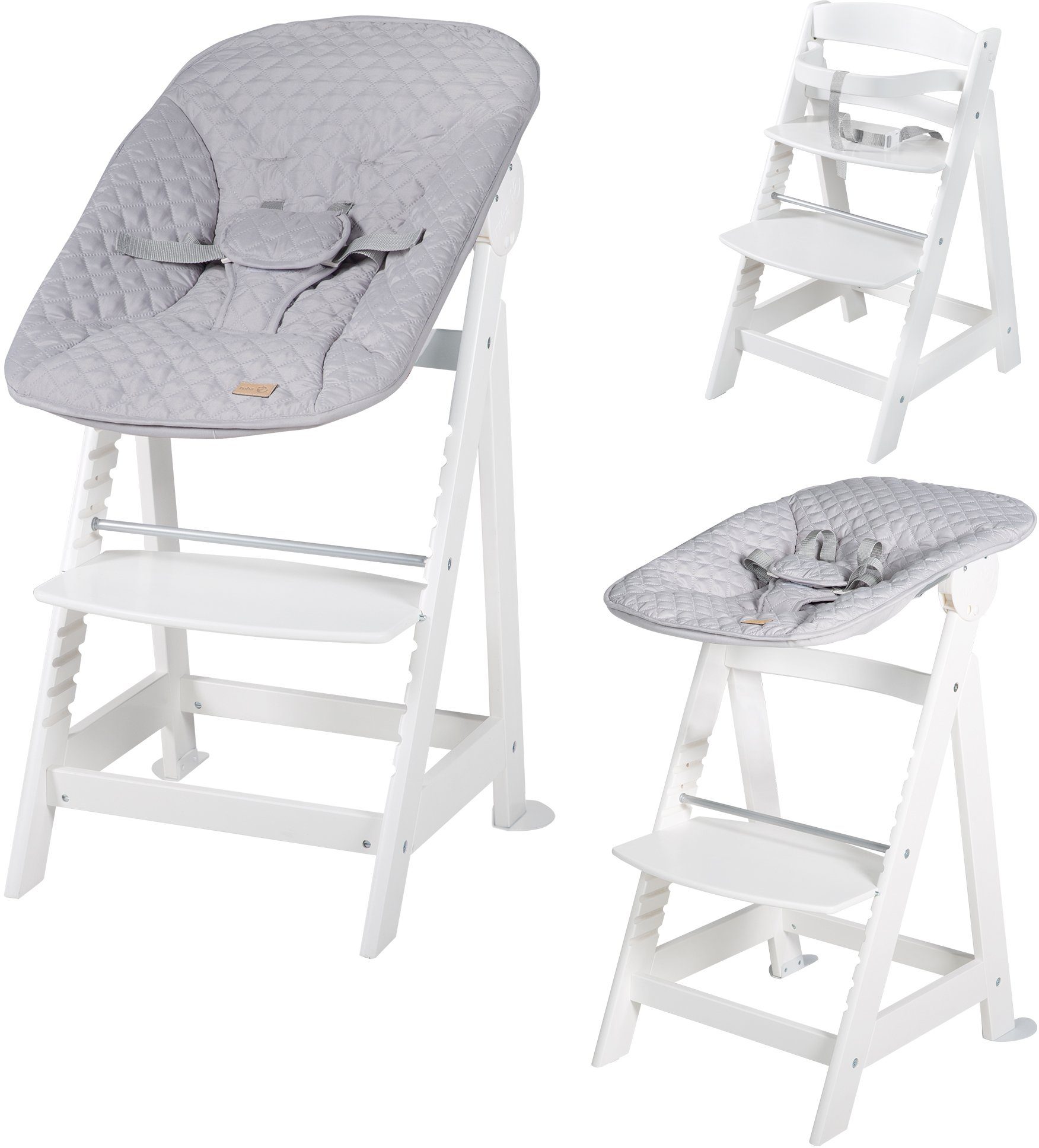 Born Style, Set 2-in-1 Hochstuhl silbergrau/weiß roba® mit Treppenhochstuhl Up, Neugeborenen-Aufsatz