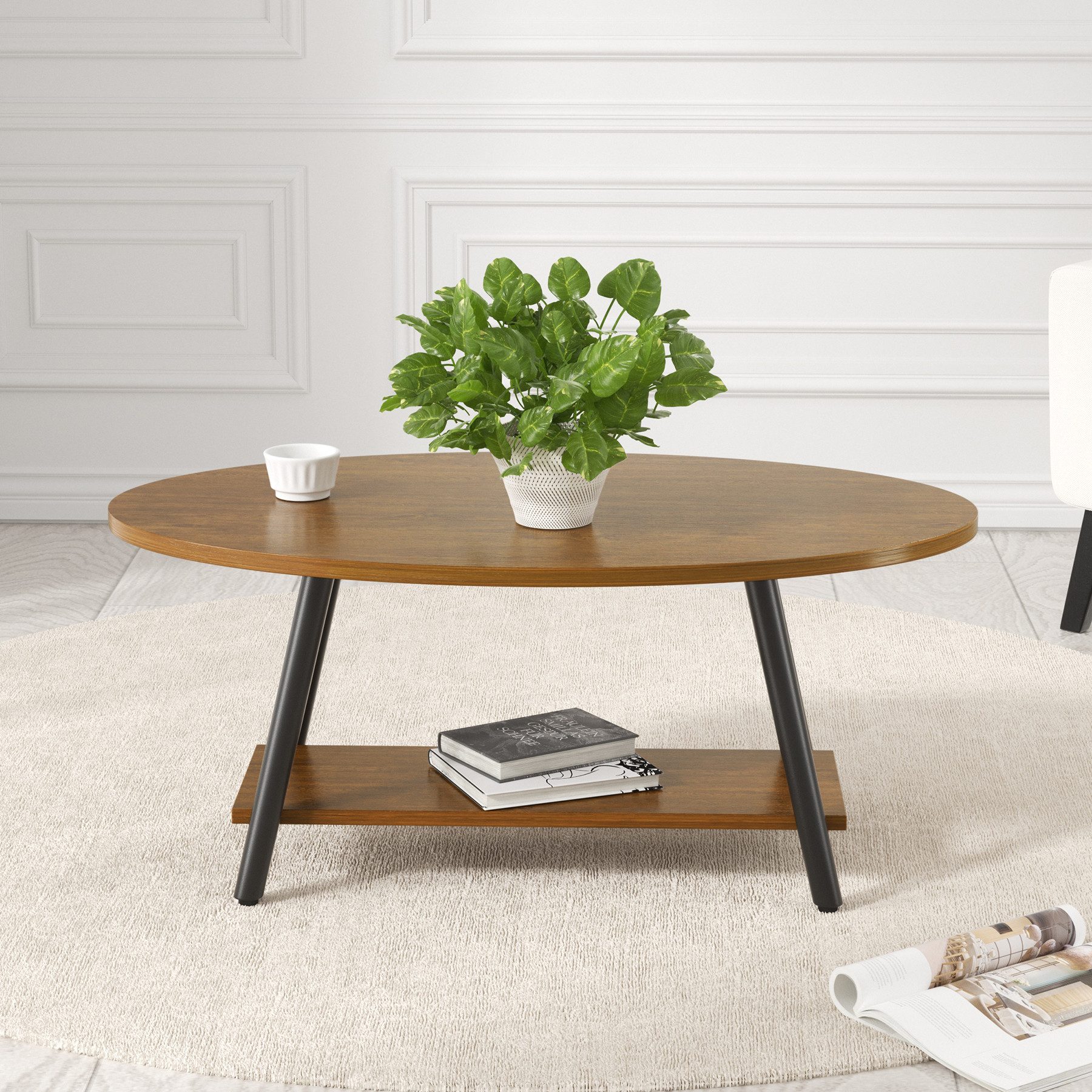 HawthyHome Couchtisch ovaler 2-stöckiger Beistelltisch mit Stauraum, 101 x 60 cm (1-St), Moderner Massivholztisch, ideal für Wohnzimmer und Schlafzimmer