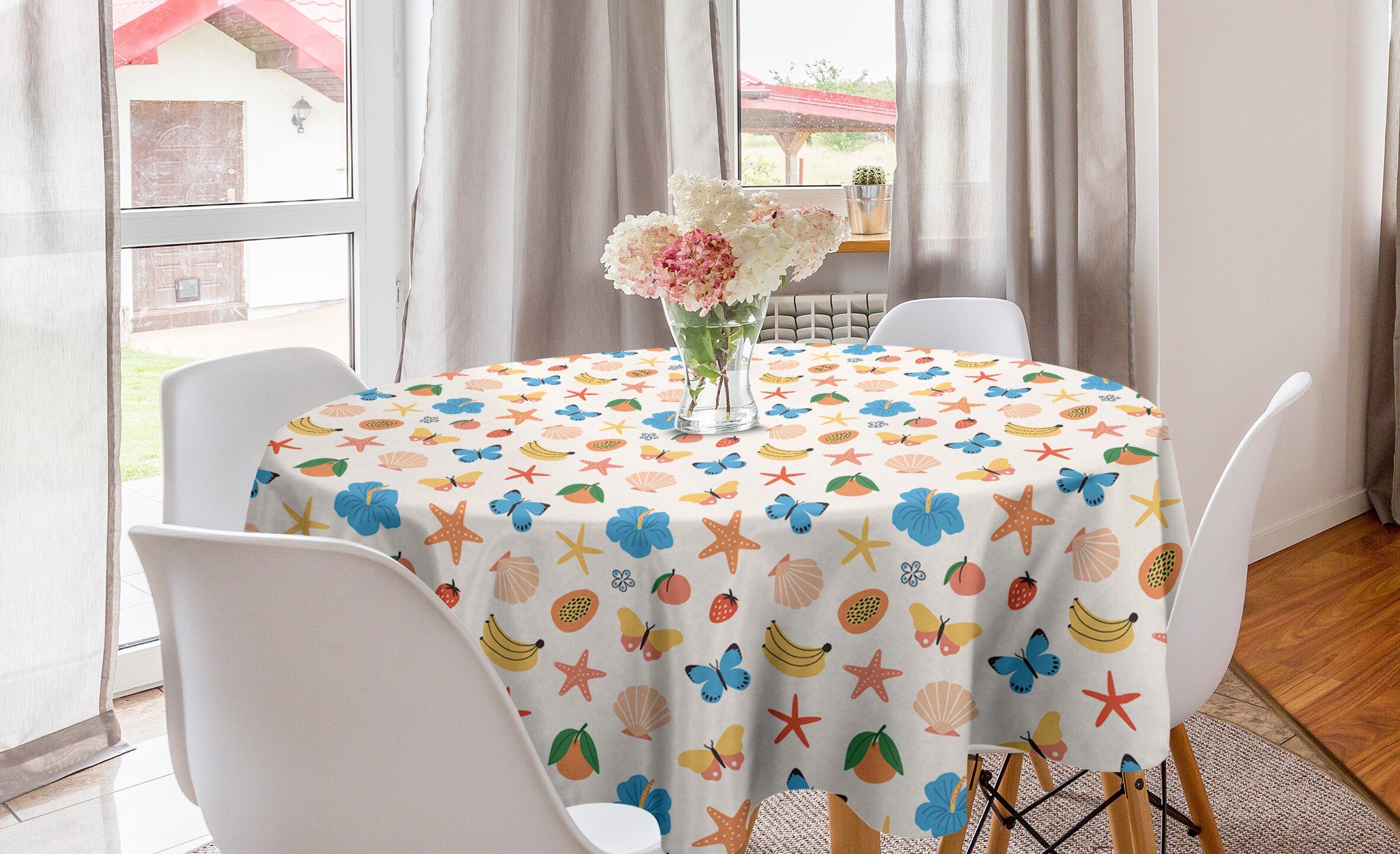 Abakuhaus Tischdecke Kreis Tischdecke Abdeckung für Esszimmer Küche Dekoration, Sommer Obst Blumen Muscheln